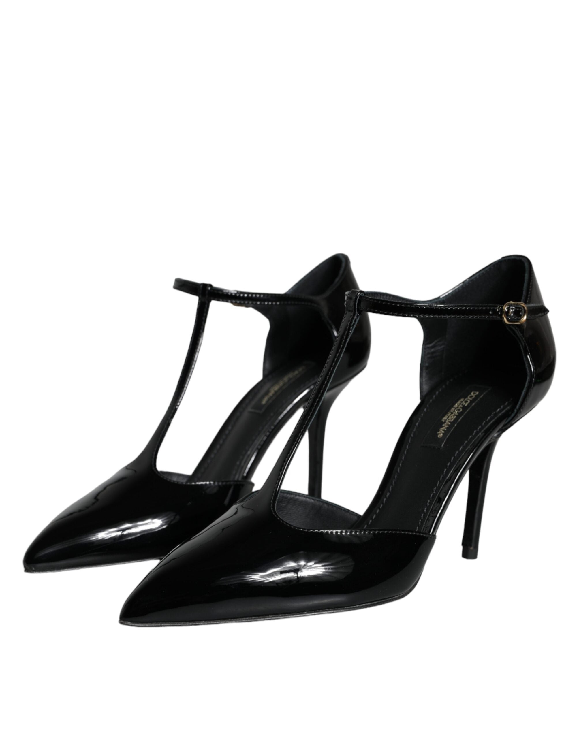 Dolce & Gabbana Black Leather T-Strap Stiletto High Heels Shoes