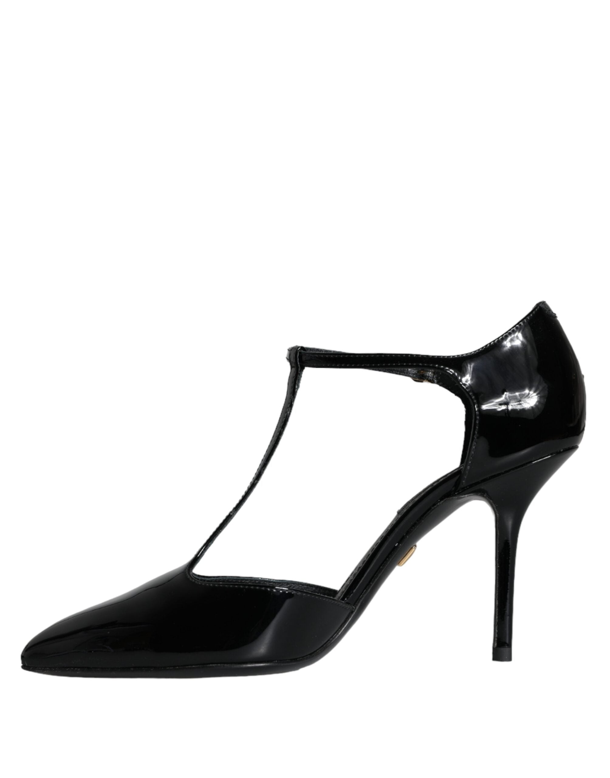 Dolce & Gabbana Black Leather T-Strap Stiletto High Heels Shoes