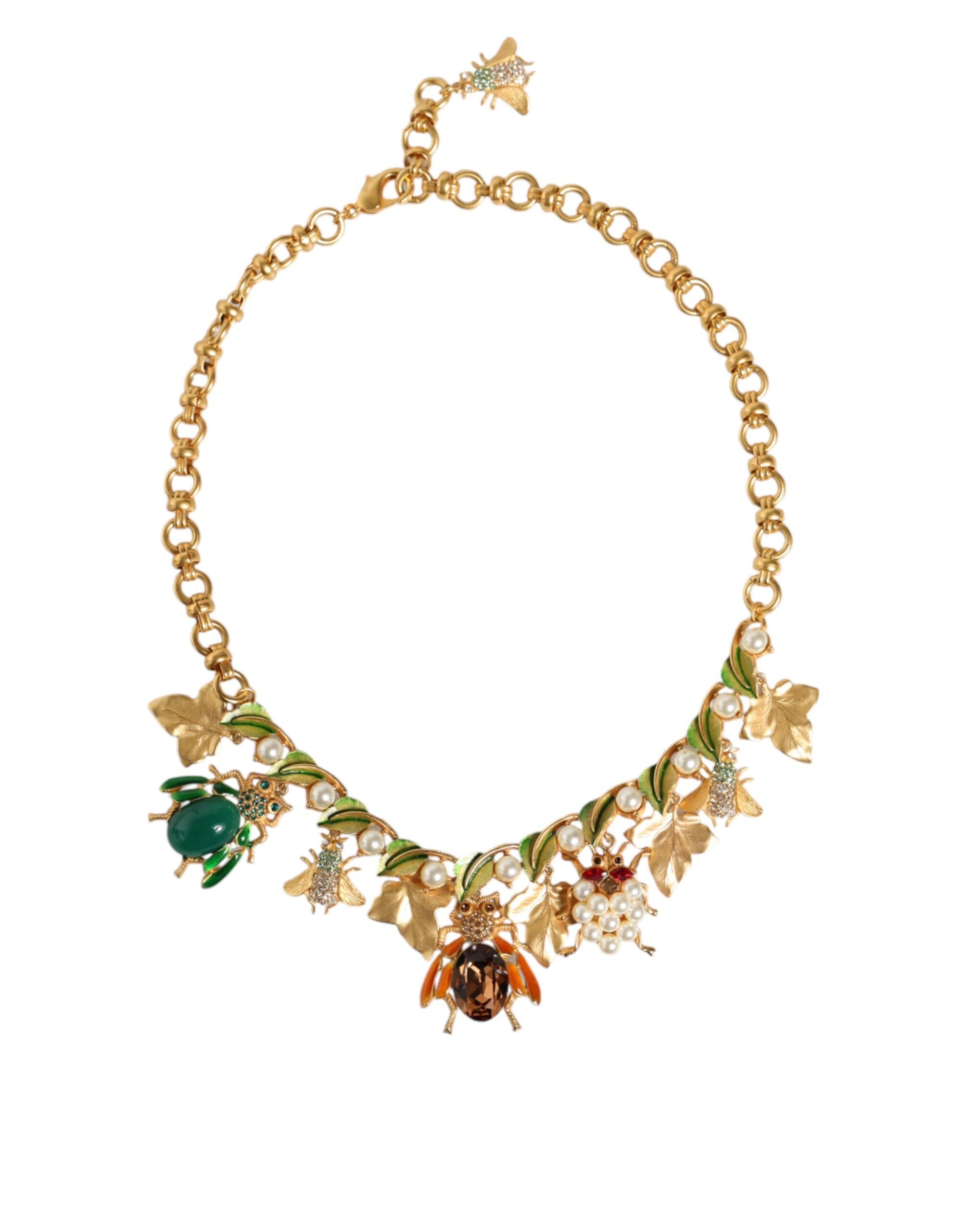 Dolce & Gabbana Brass Crystal Bug Charm Pendant Statement Gold Necklace