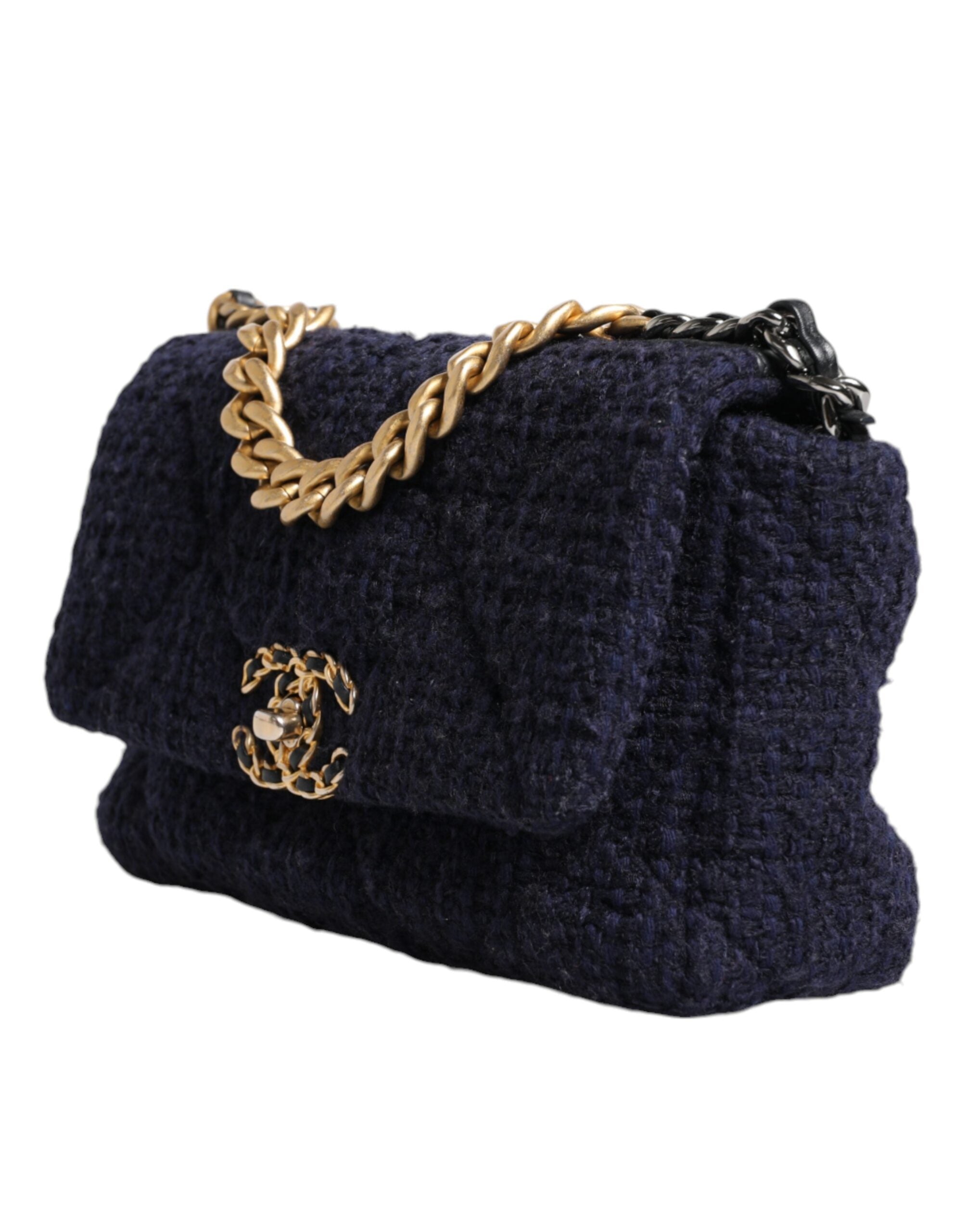 Chanel Dark Medium Flap Tweed Cc Chain Shoulder Blue Gold Gray Bag