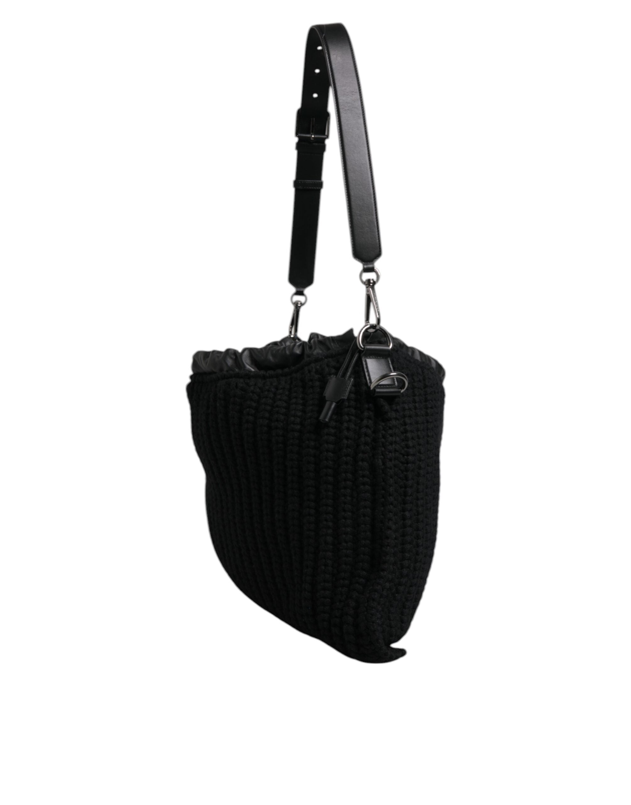 Dolce & Gabbana Cashmere Knitted Leather Shoulder Black Bag