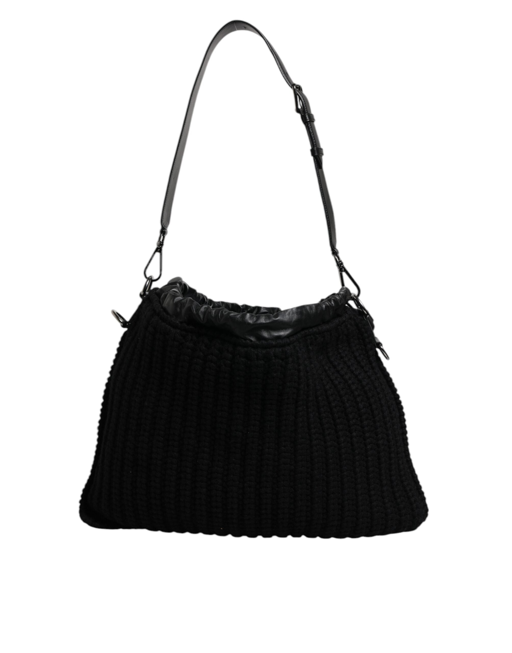 Dolce & Gabbana Cashmere Knitted Leather Shoulder Black Bag