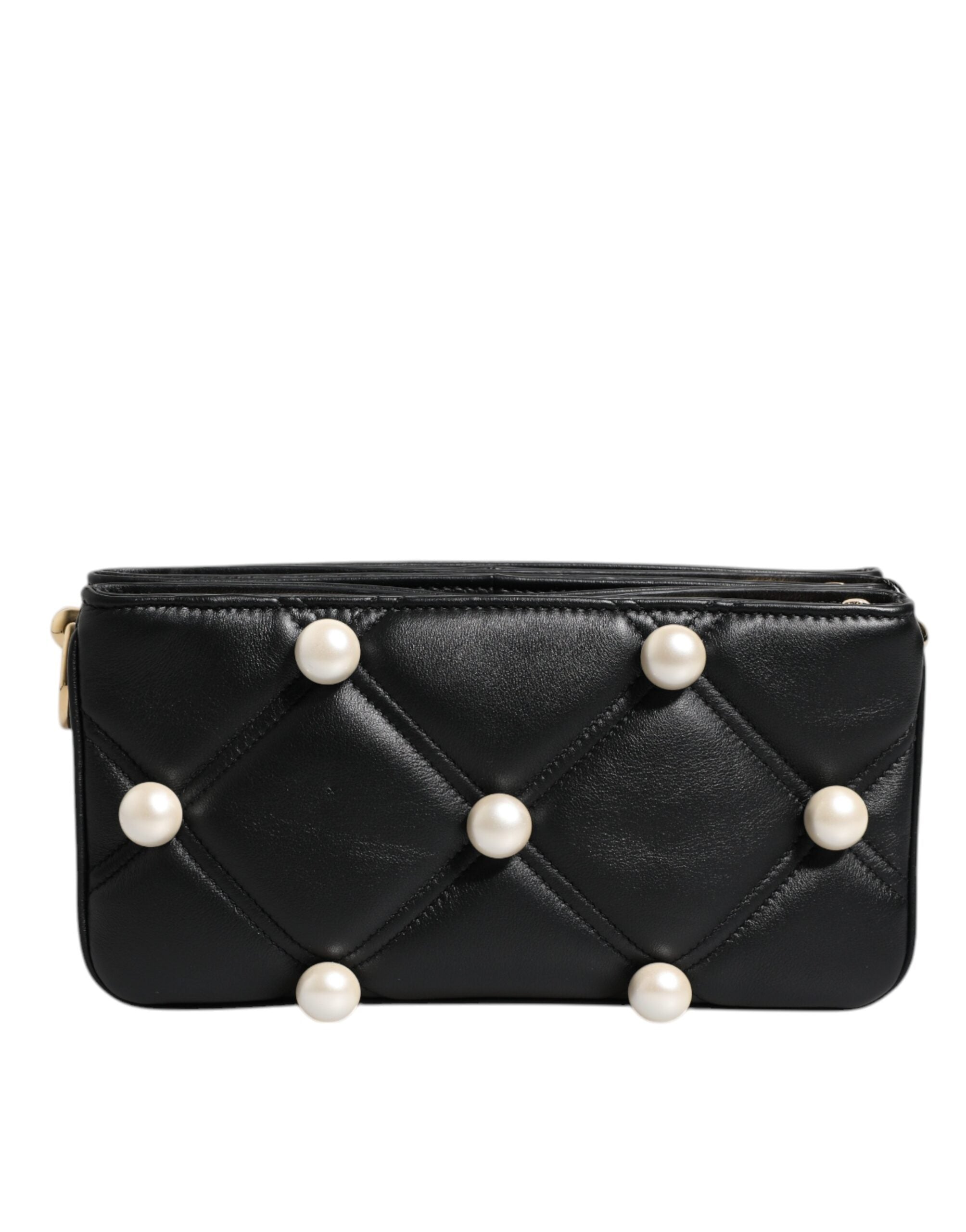 Dolce & Gabbana Leather Pearl Embellished Logo Shoulder Black Bag