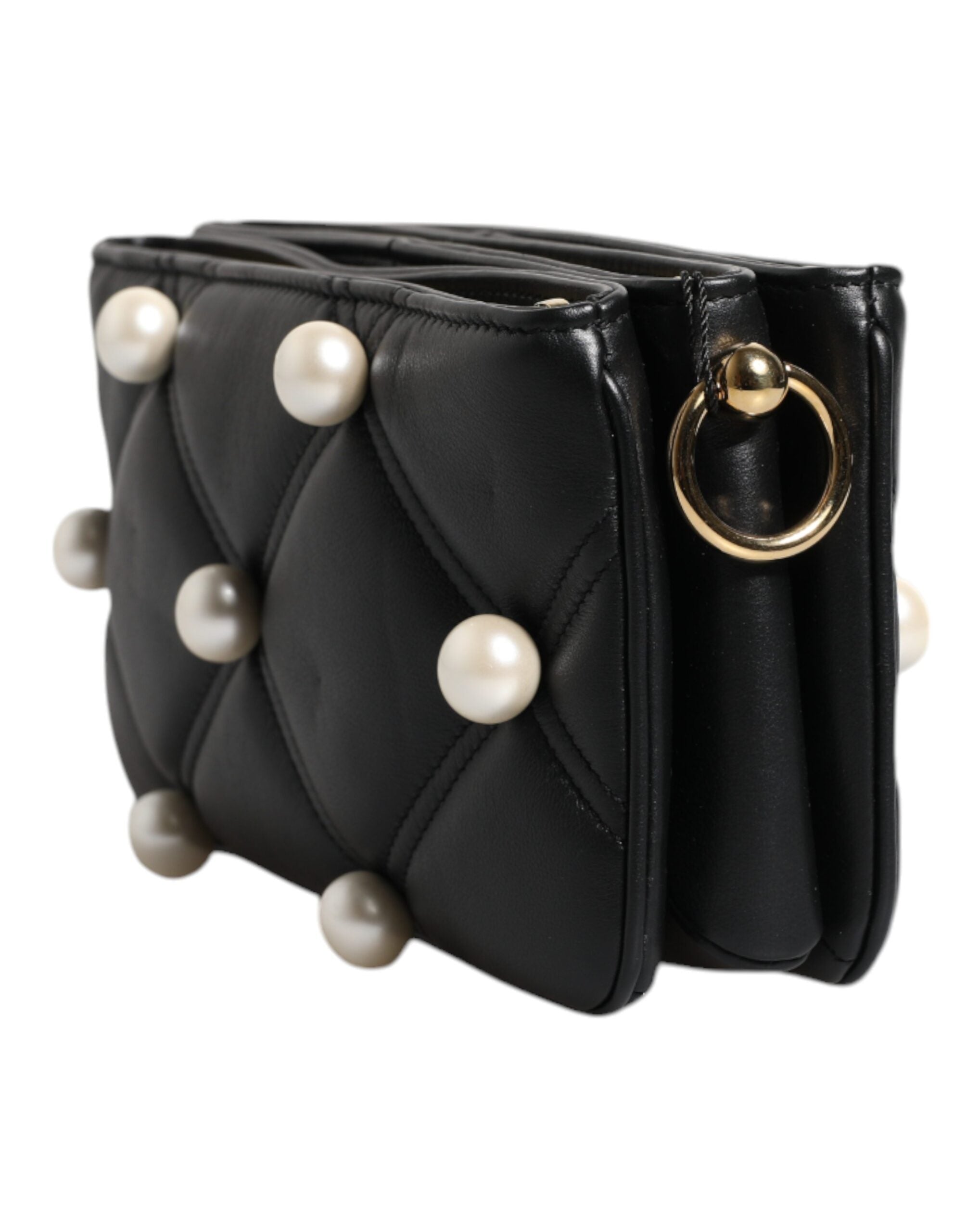 Dolce & Gabbana Leather Pearl Embellished Logo Shoulder Black Bag