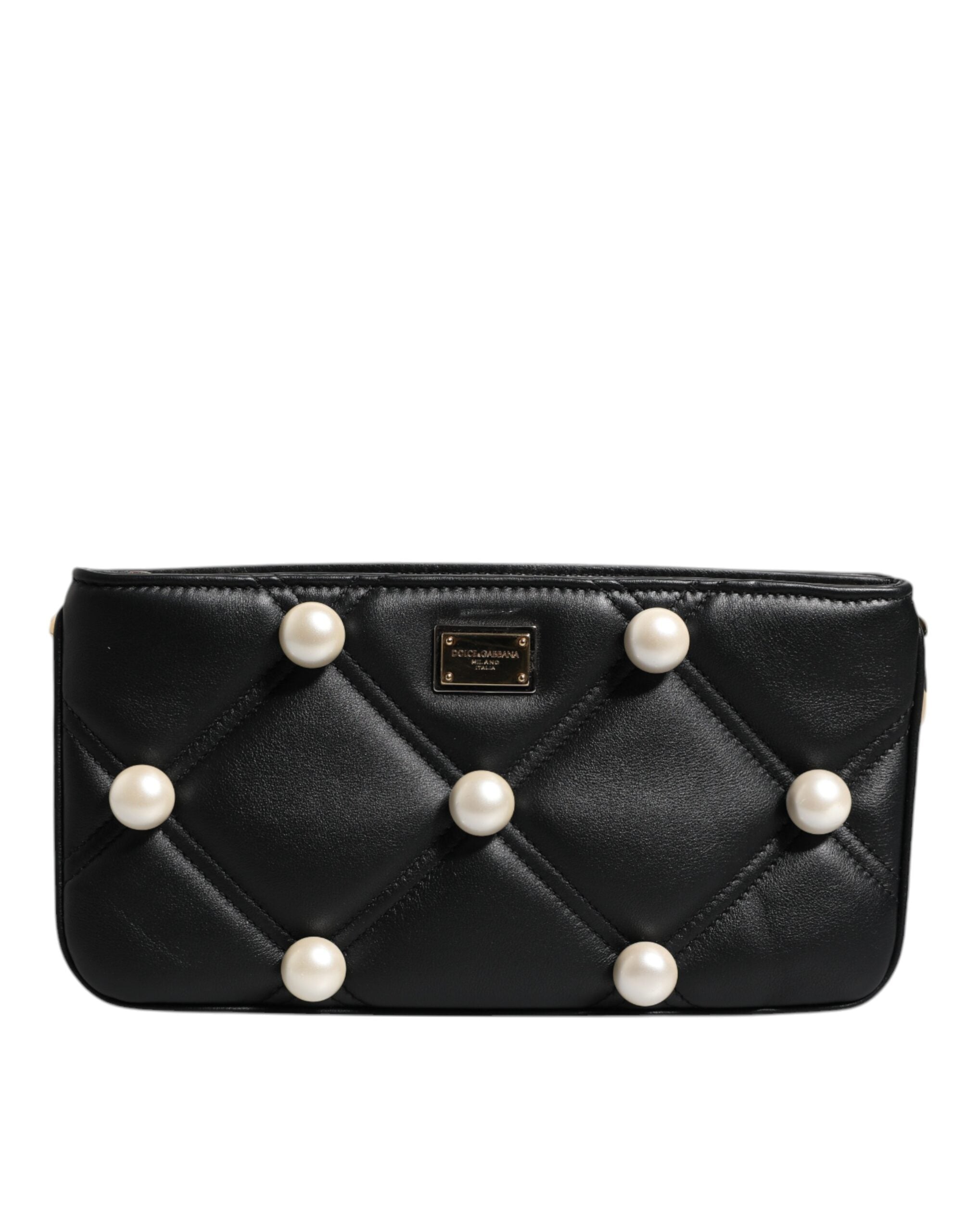 Dolce & Gabbana Leather Pearl Embellished Logo Shoulder Black Bag