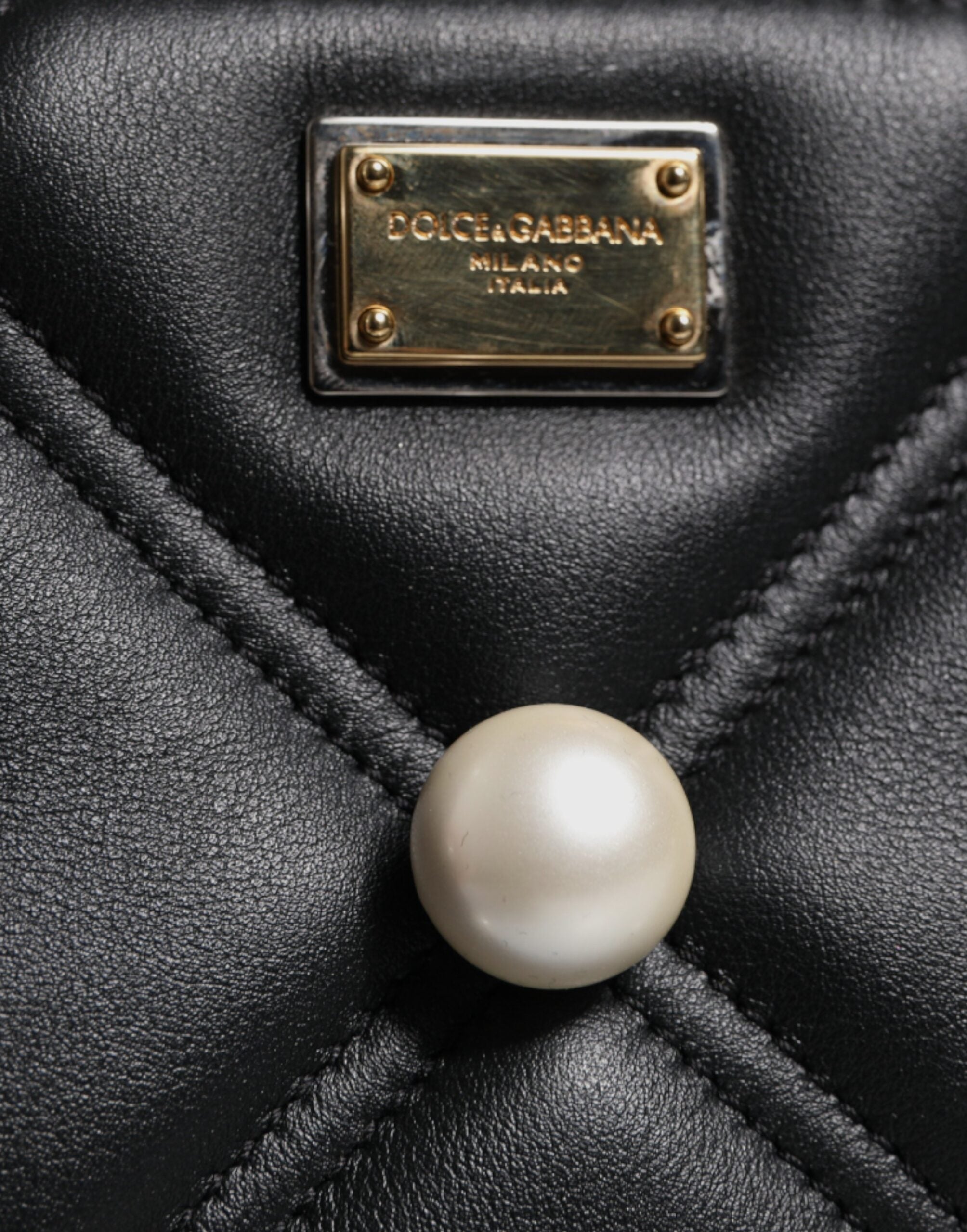 Dolce & Gabbana Leather Pearl Embellished Logo Shoulder Black Bag