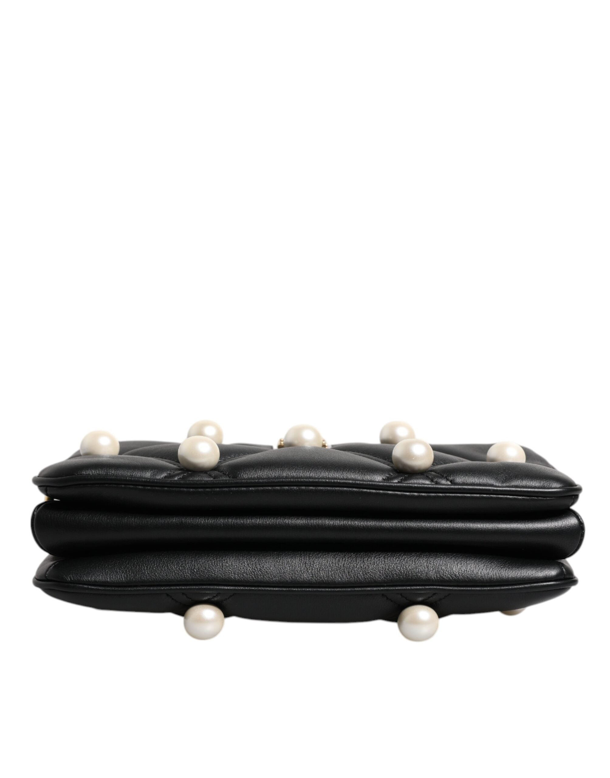 Dolce & Gabbana Leather Pearl Embellished Logo Shoulder Black Bag