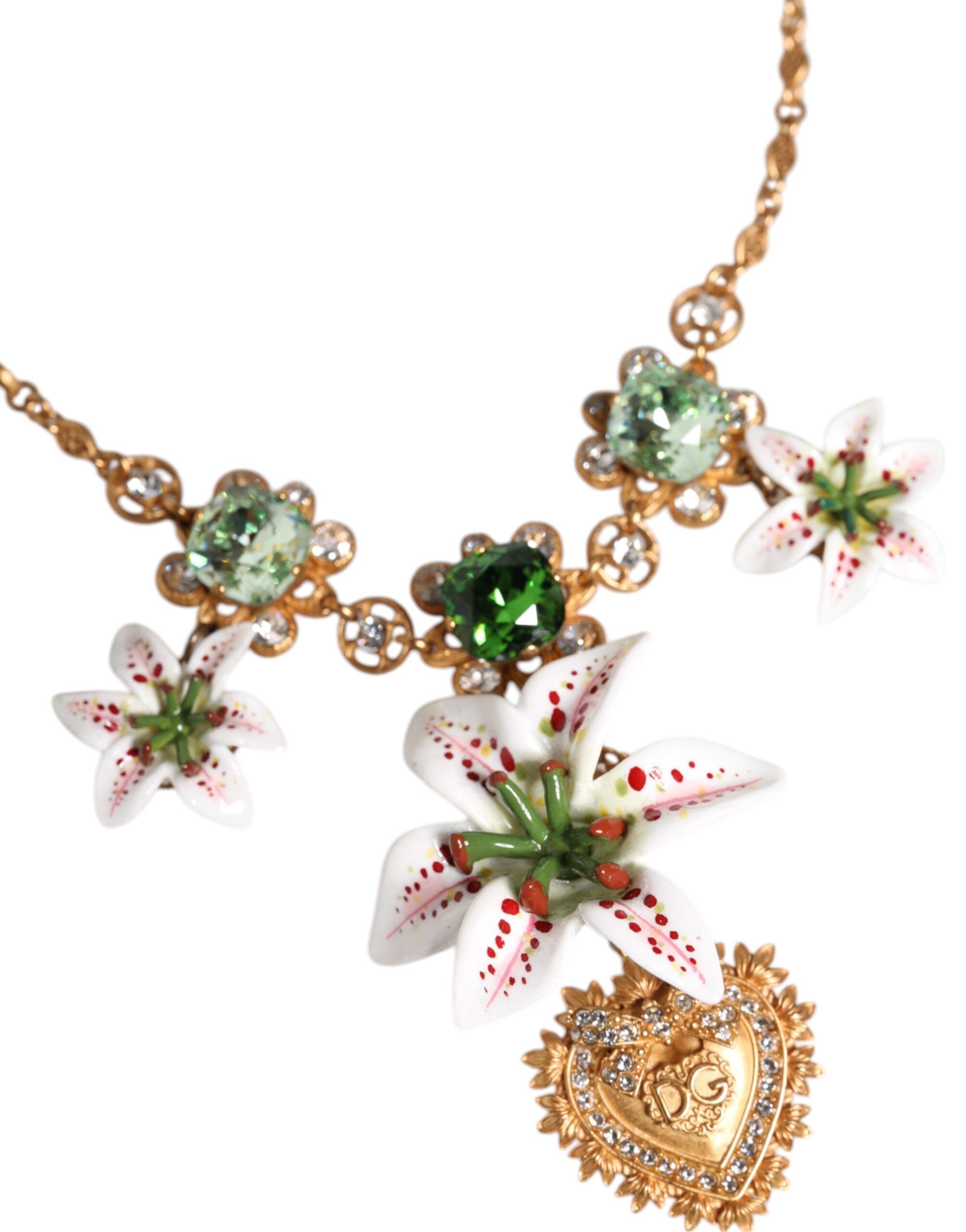 Dolce & Gabbana Brass Lily Crystal Sacred Heart Pendant Gold Necklace