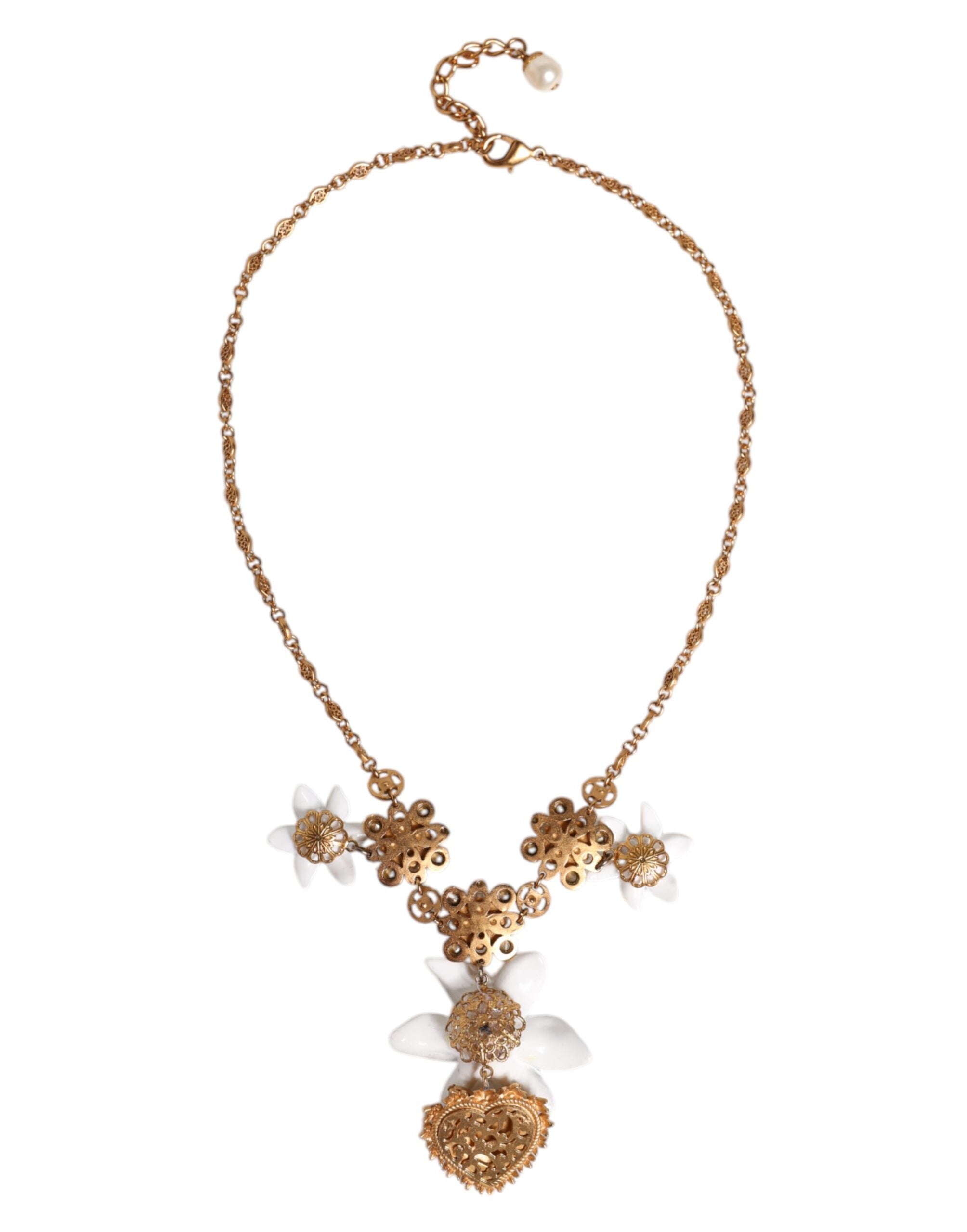 Dolce & Gabbana Brass Lily Crystal Sacred Heart Pendant Gold Necklace