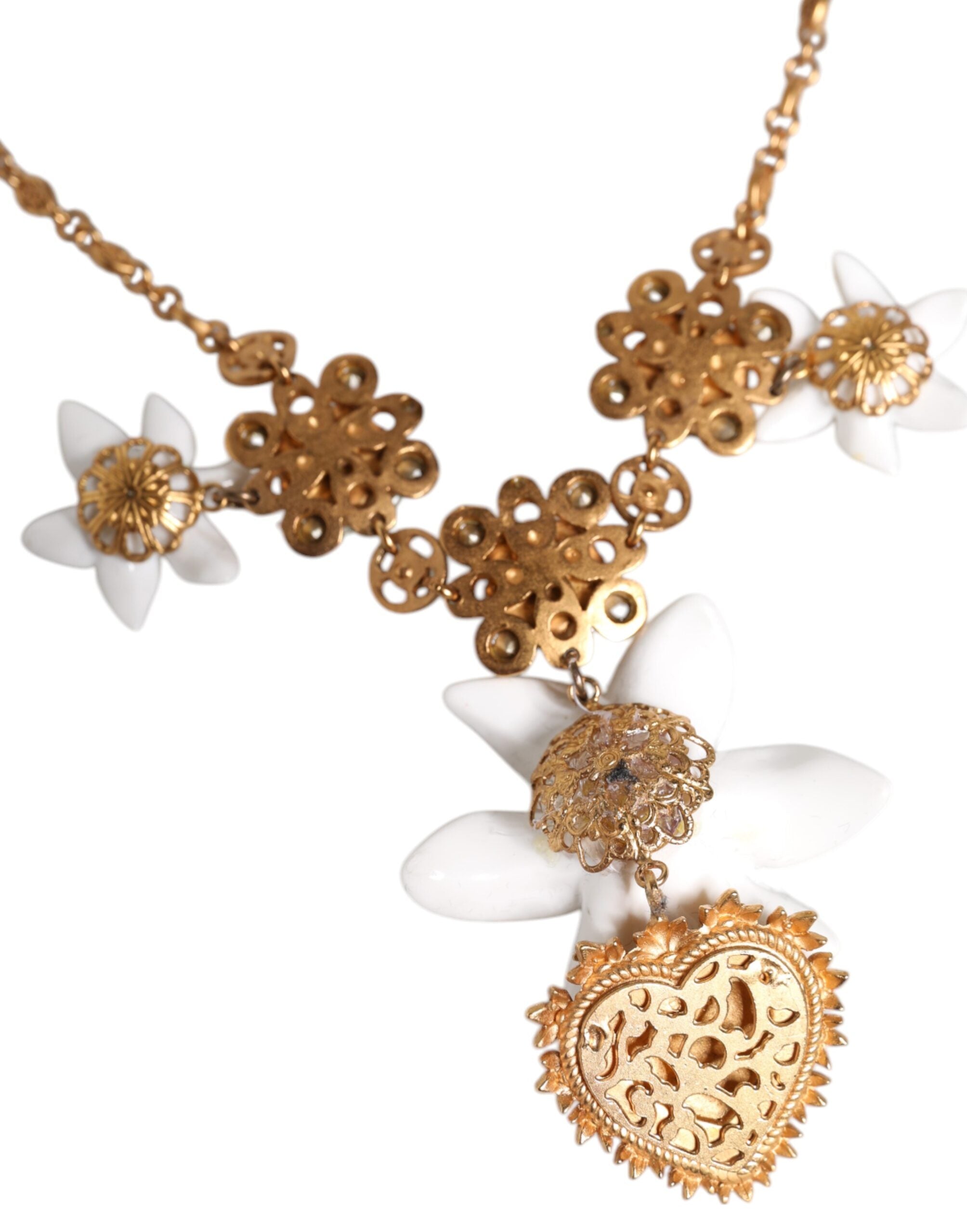 Dolce & Gabbana Brass Lily Crystal Sacred Heart Pendant Gold Necklace