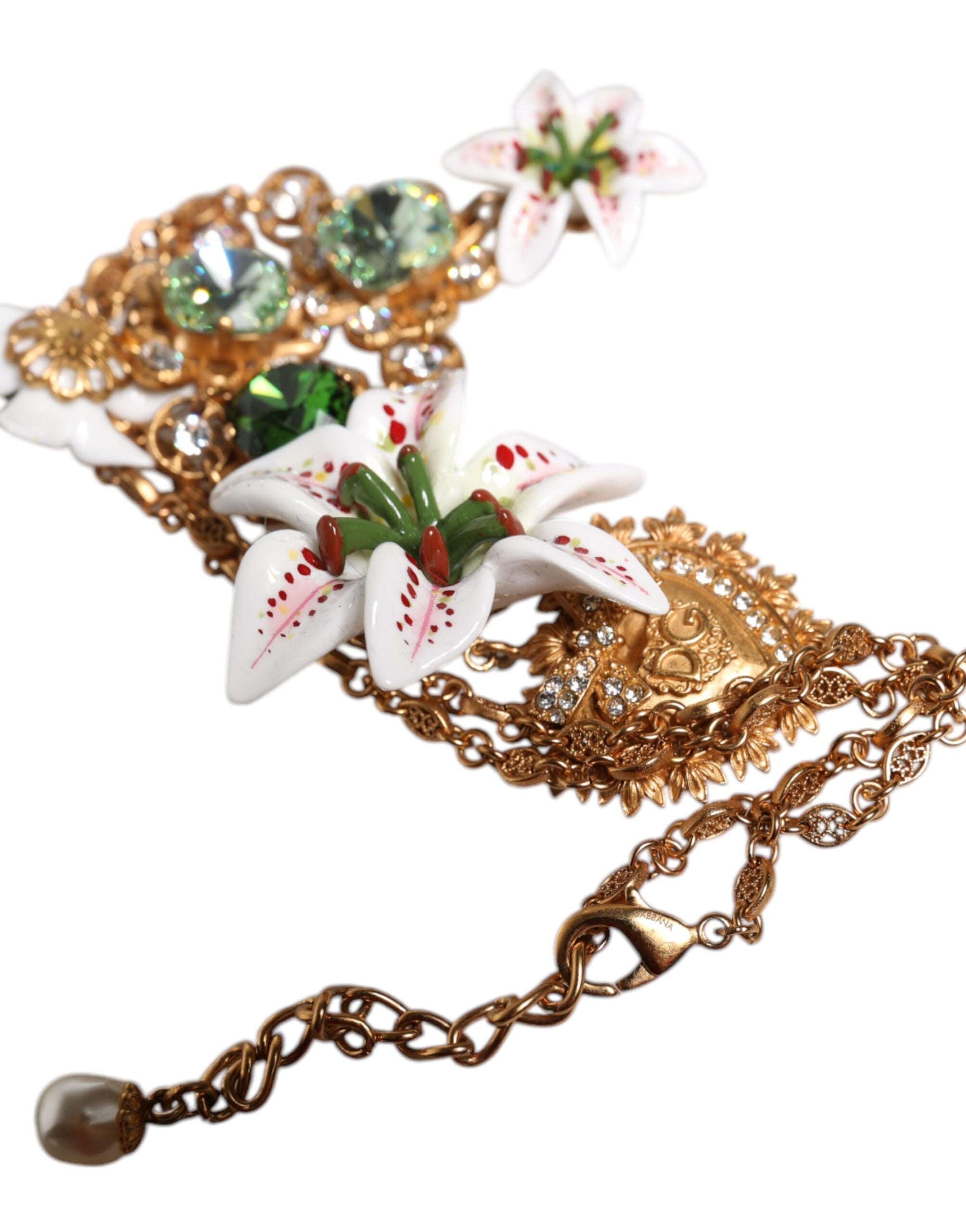 Dolce & Gabbana Brass Lily Crystal Sacred Heart Pendant Gold Necklace