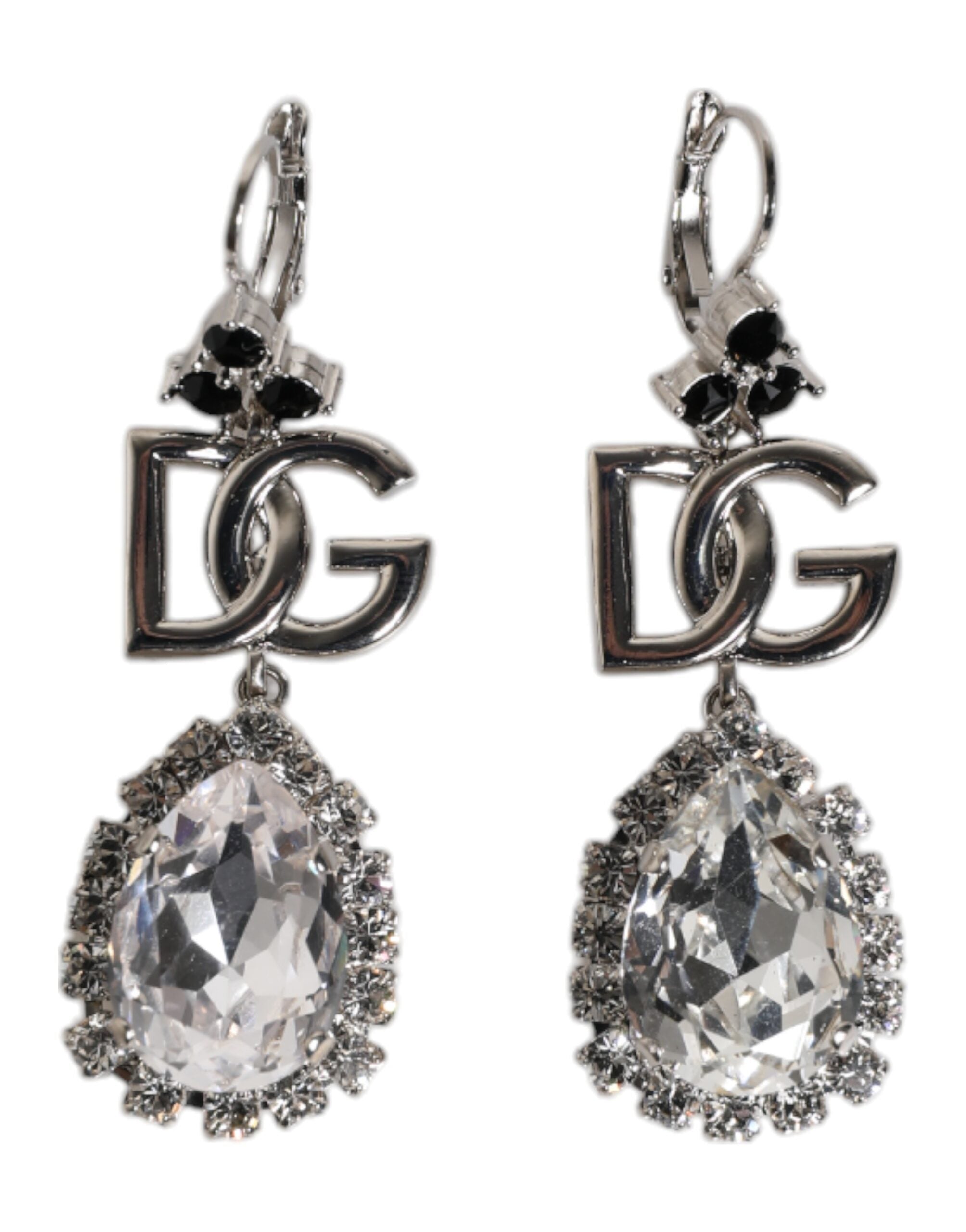 Dolce & Gabbana Silver Brass Crystal Teardrop Dg Logo Clip On Earrings