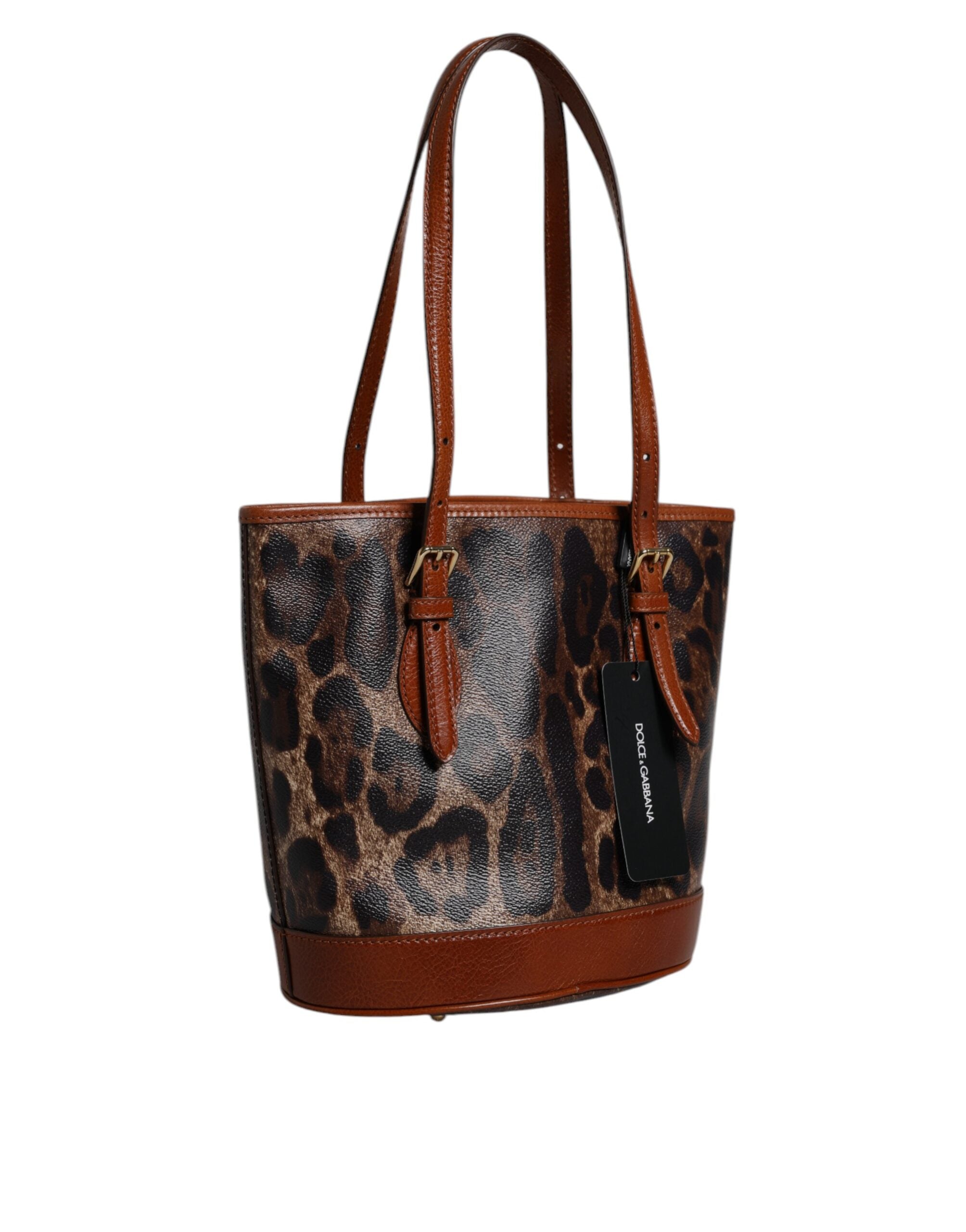 Dolce & Gabbana Brown Leather Leopard Shoulder Strap Tote Bag