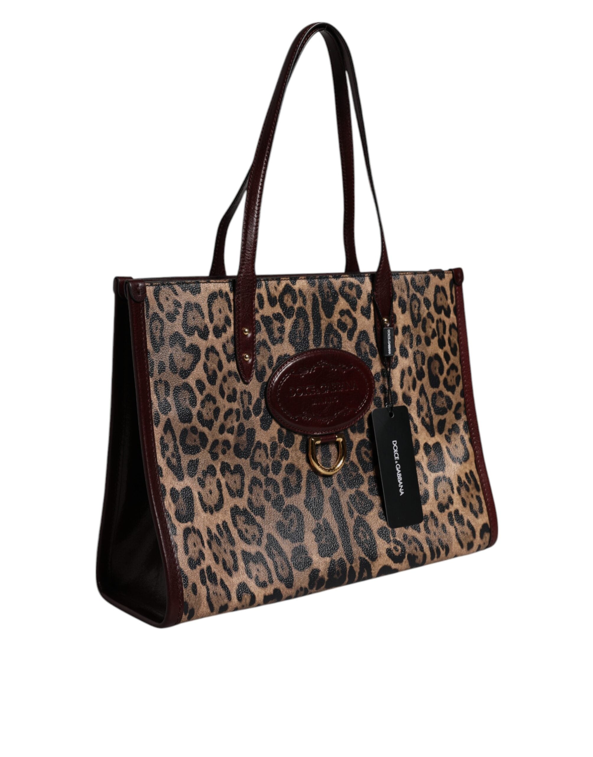 Dolce & Gabbana Brown Leather Leopard Shoulder Strap Tote Bag