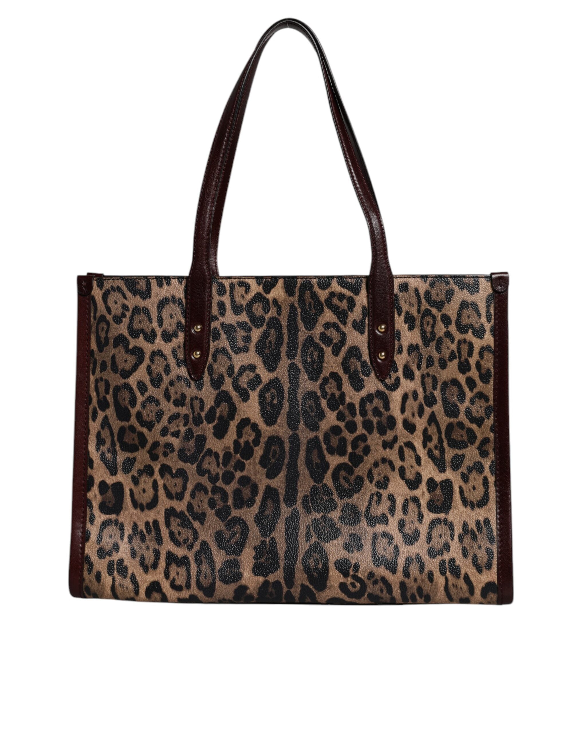 Dolce & Gabbana Brown Leather Leopard Shoulder Strap Tote Bag