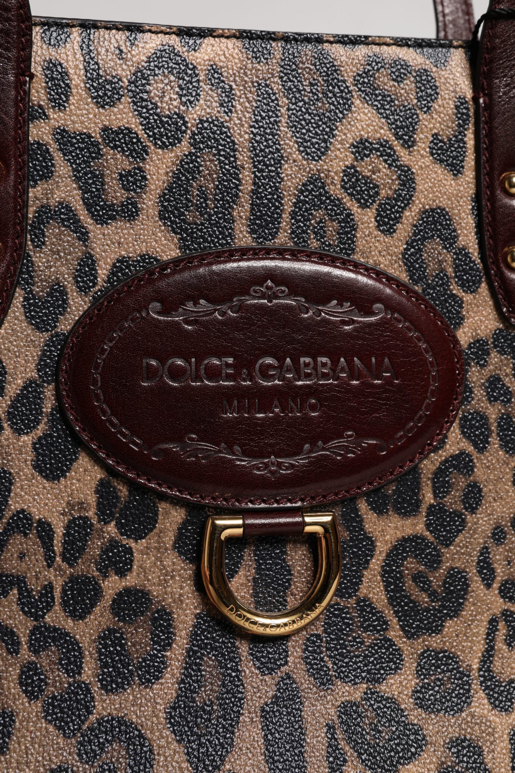 Dolce & Gabbana Brown Leather Leopard Shoulder Strap Tote Bag