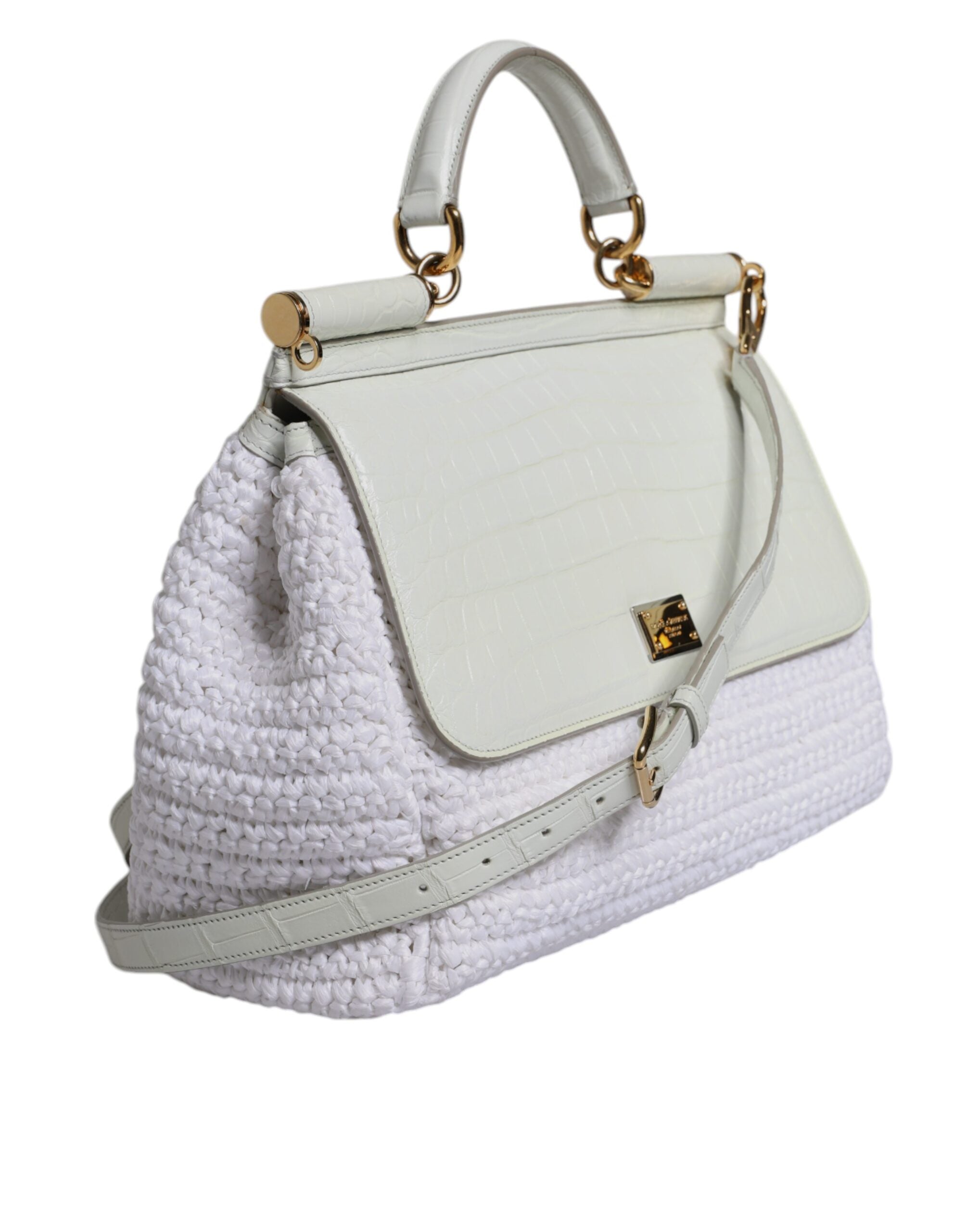 Dolce & Gabbana White Leather Rafia Top Handle Crossbody Bag