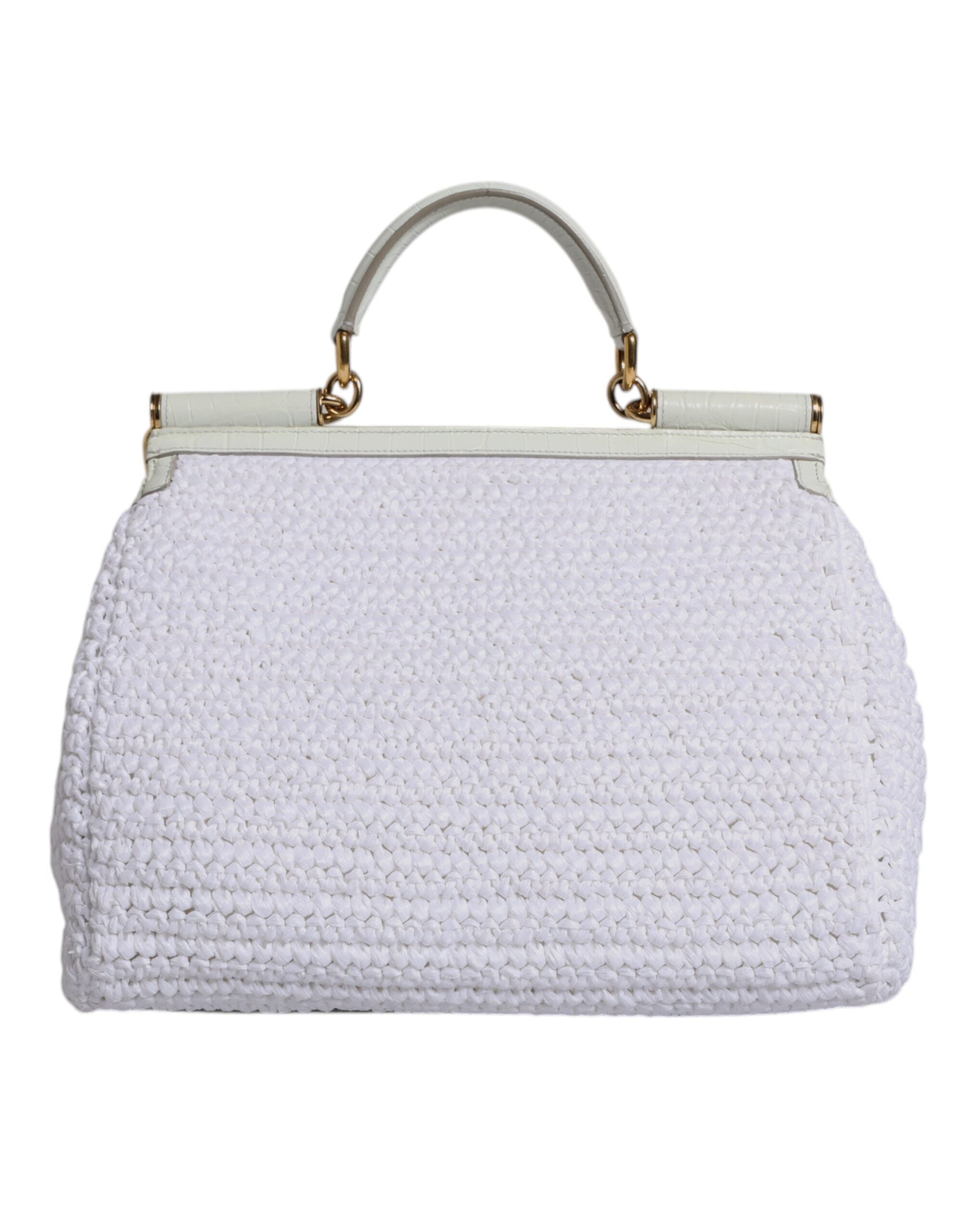 Dolce & Gabbana White Leather Rafia Top Handle Crossbody Bag