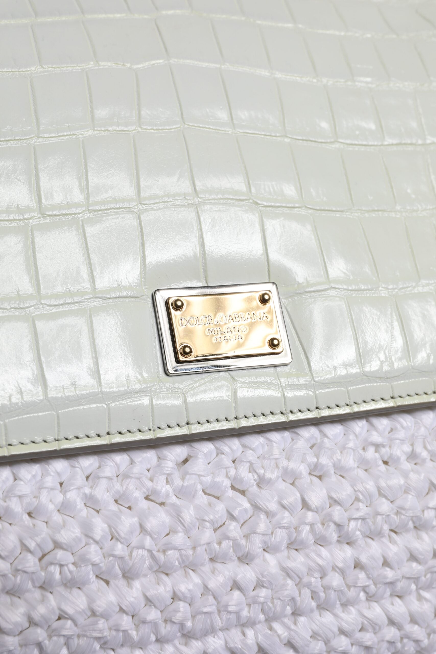 Dolce & Gabbana White Leather Rafia Top Handle Crossbody Bag