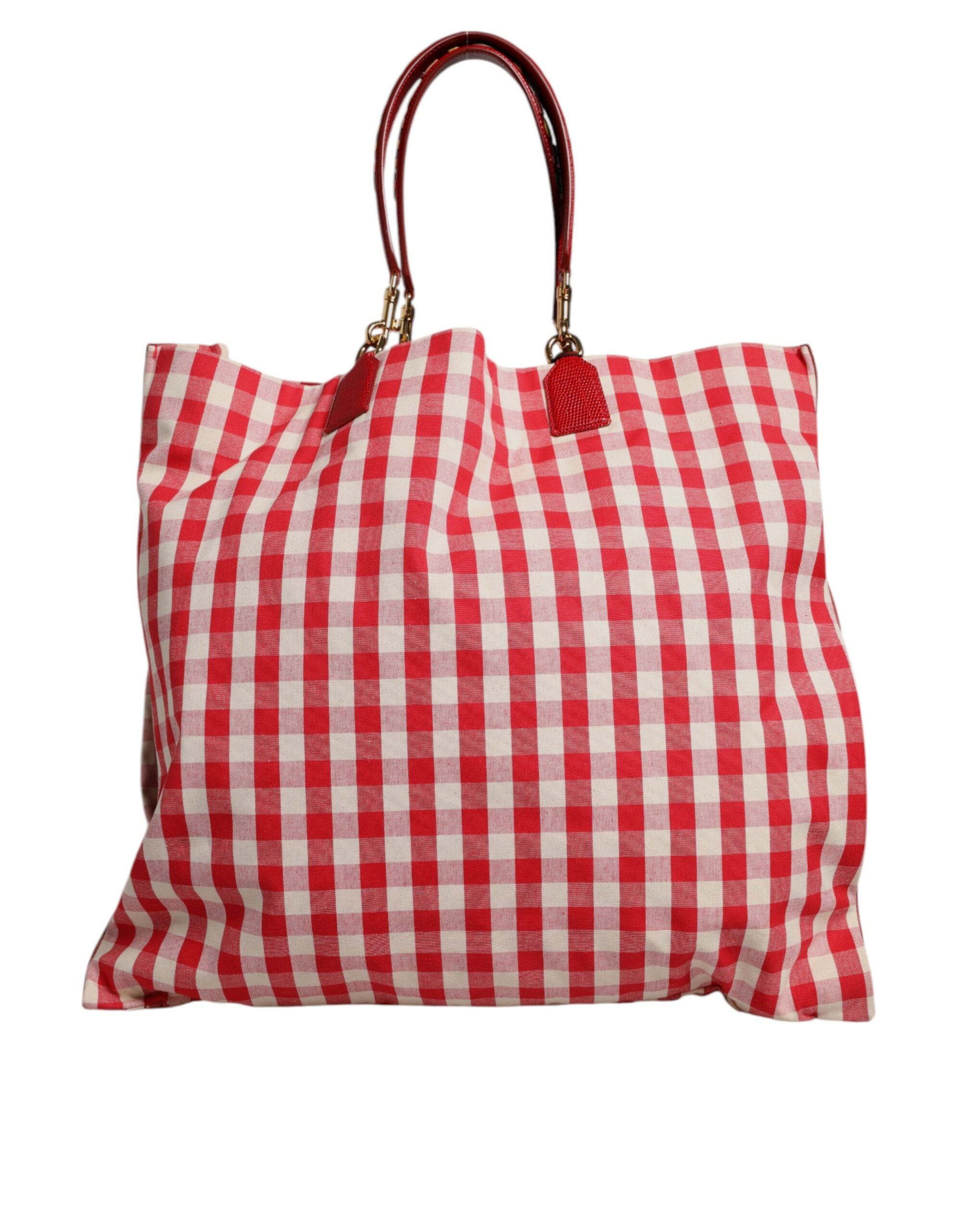 Dolce & Gabbana Red Cotton Checkered Embellished Shopping Tote Bag