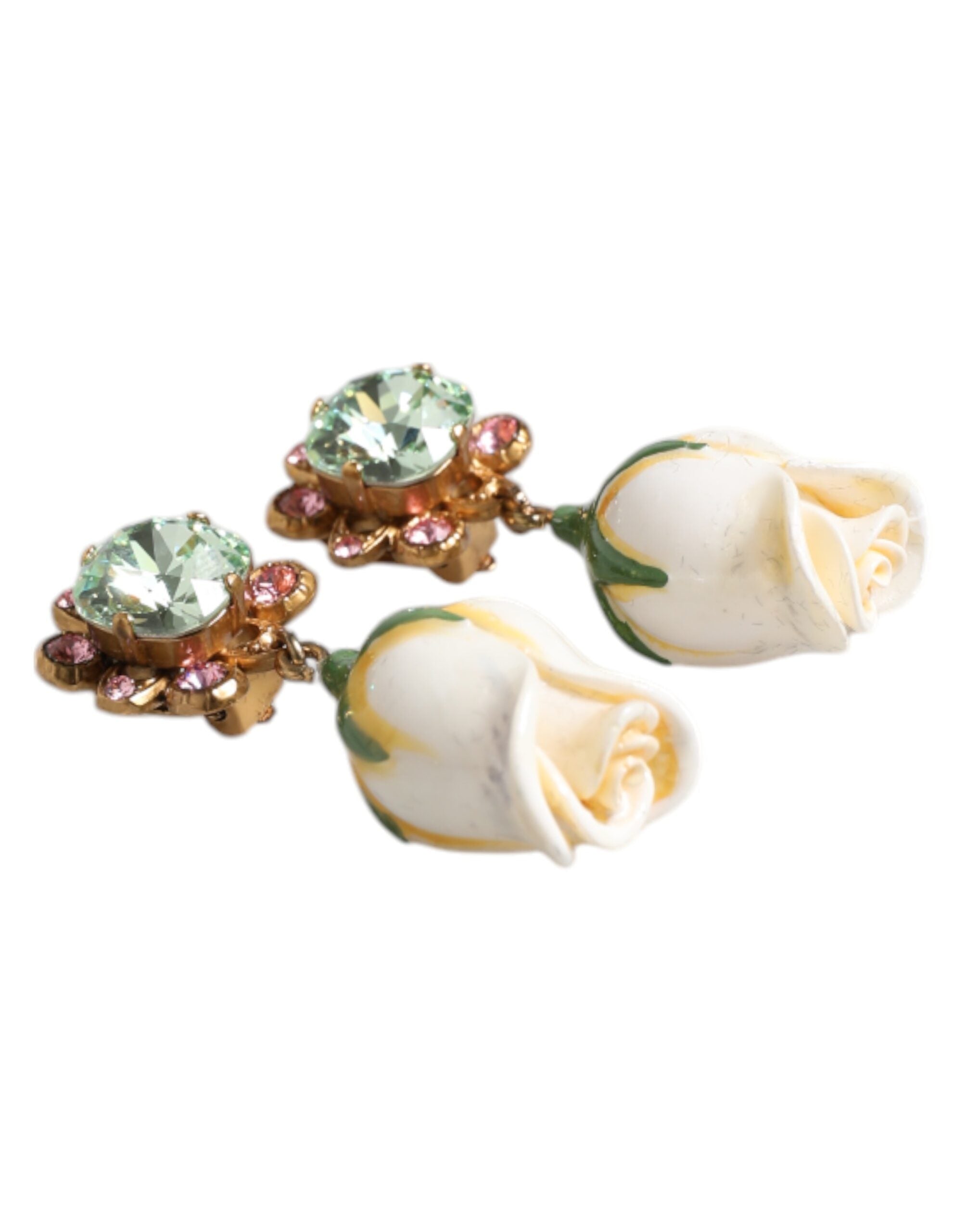 Dolce & Gabbana White Brass Flower Bloom Crystal Clip Dangling Earrings