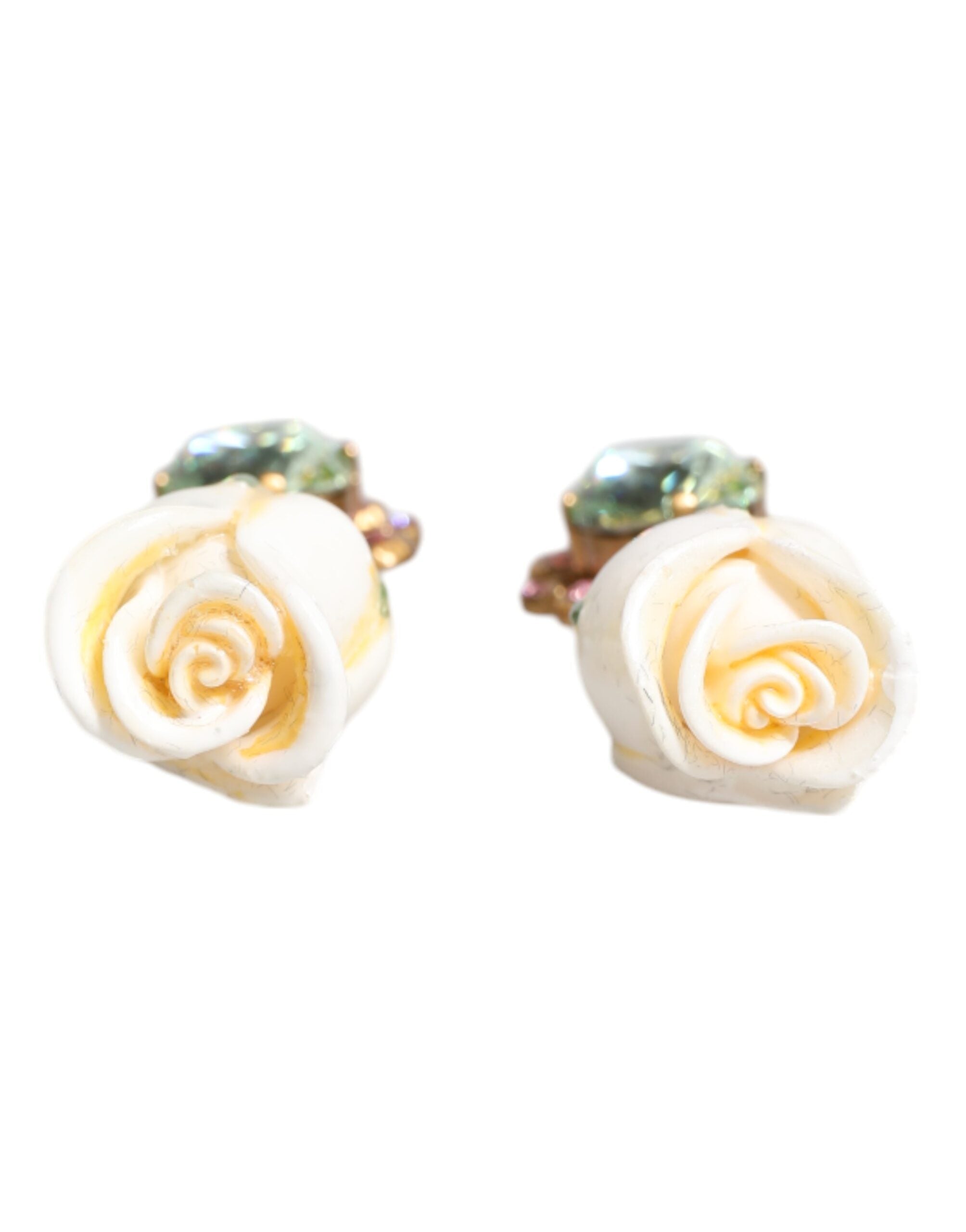 Dolce & Gabbana White Brass Flower Bloom Crystal Clip Dangling Earrings