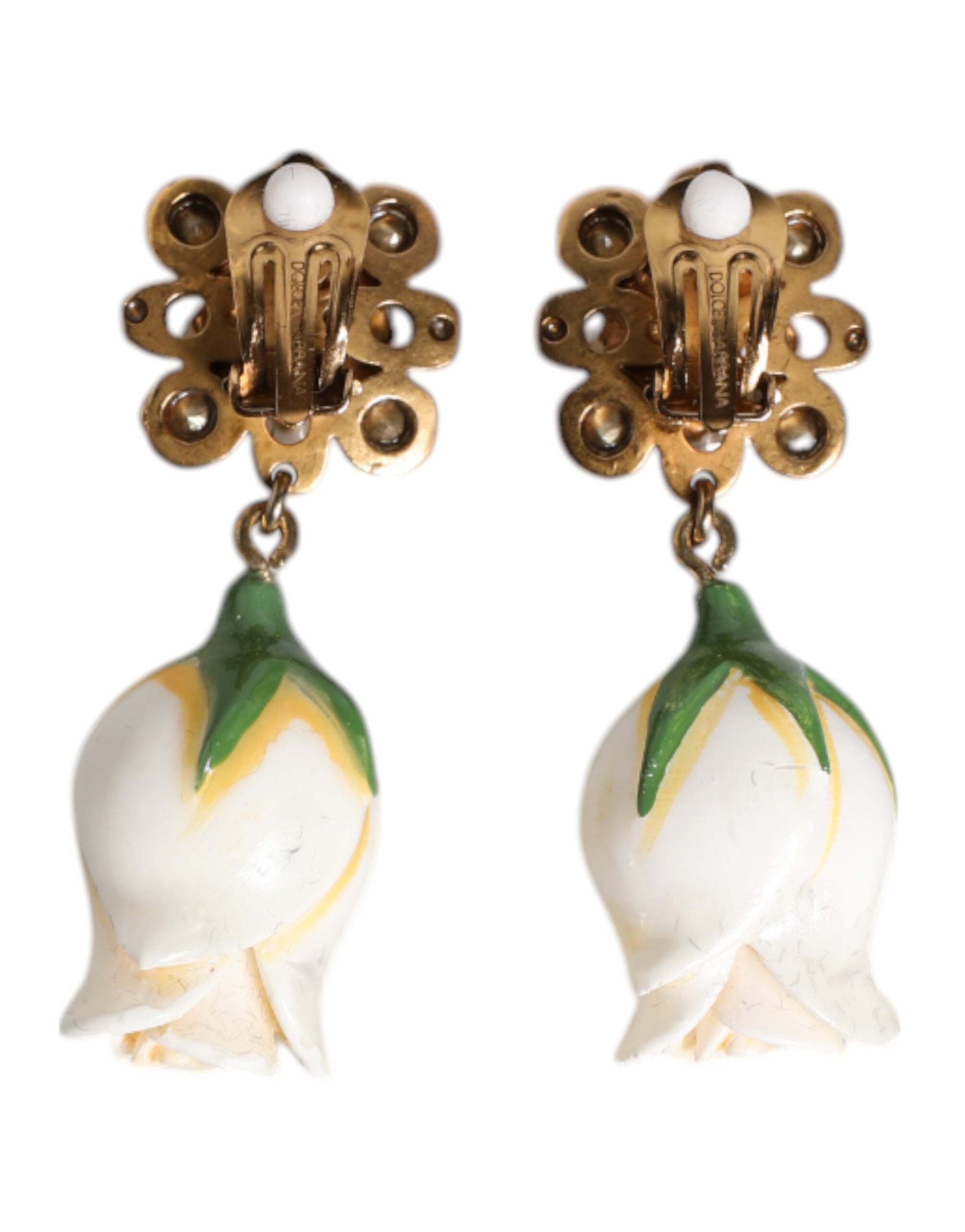 Dolce & Gabbana White Brass Flower Bloom Crystal Clip Dangling Earrings