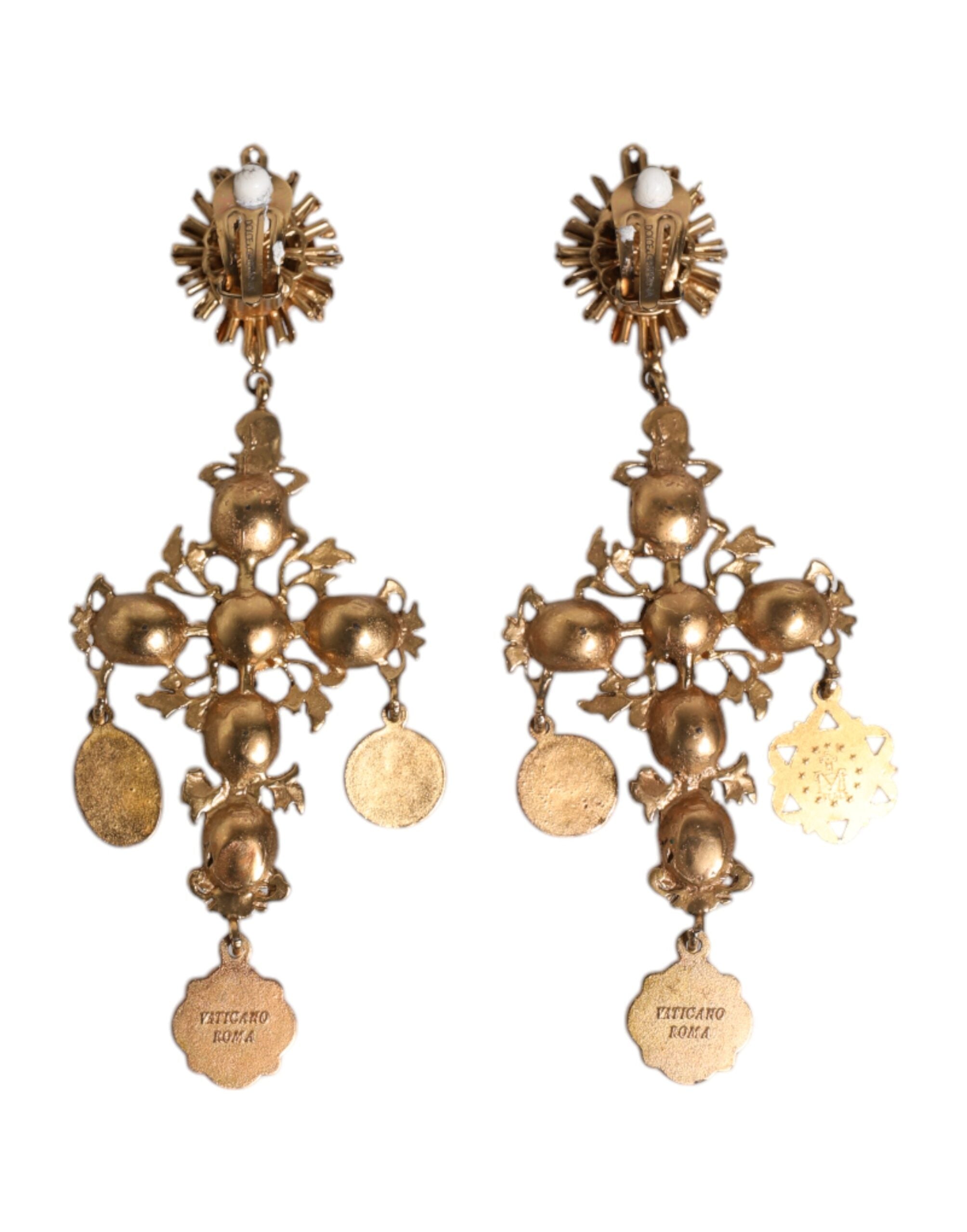 Dolce & Gabbana Black Gold Crystal Cross Sacred Heart Dangling Earrings