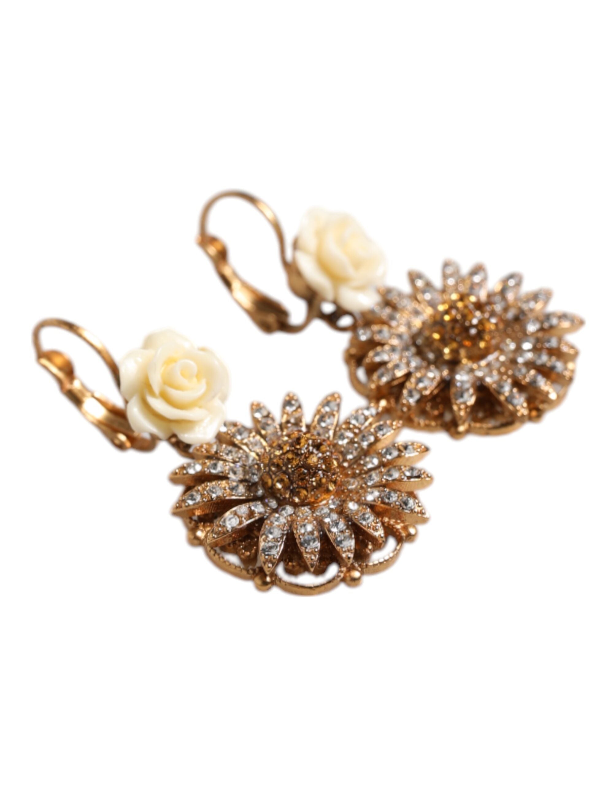 Dolce & Gabbana White Floral Clear Crystal Brass Dangling Jewelry Earrings