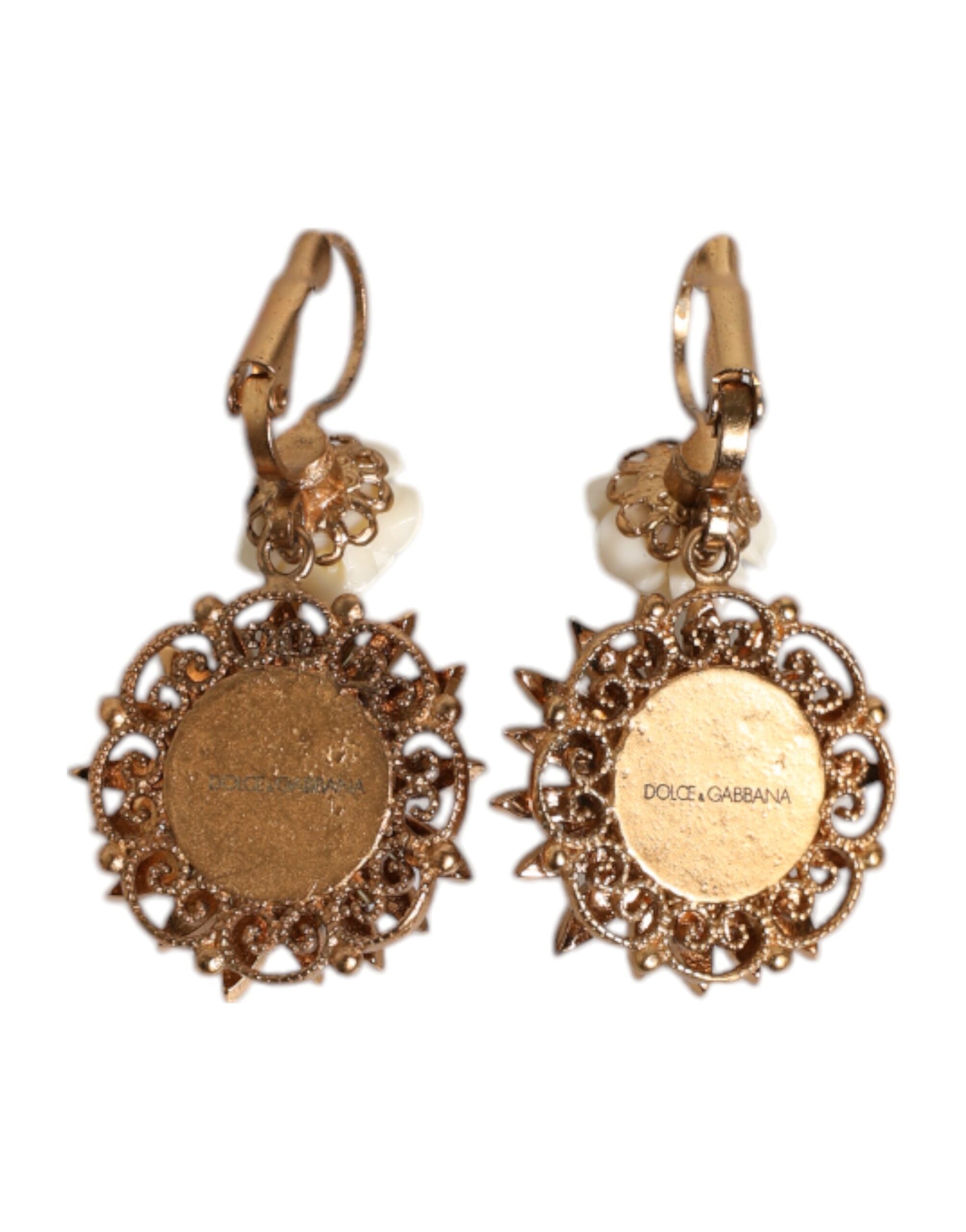 Dolce & Gabbana White Floral Clear Crystal Brass Dangling Jewelry Earrings