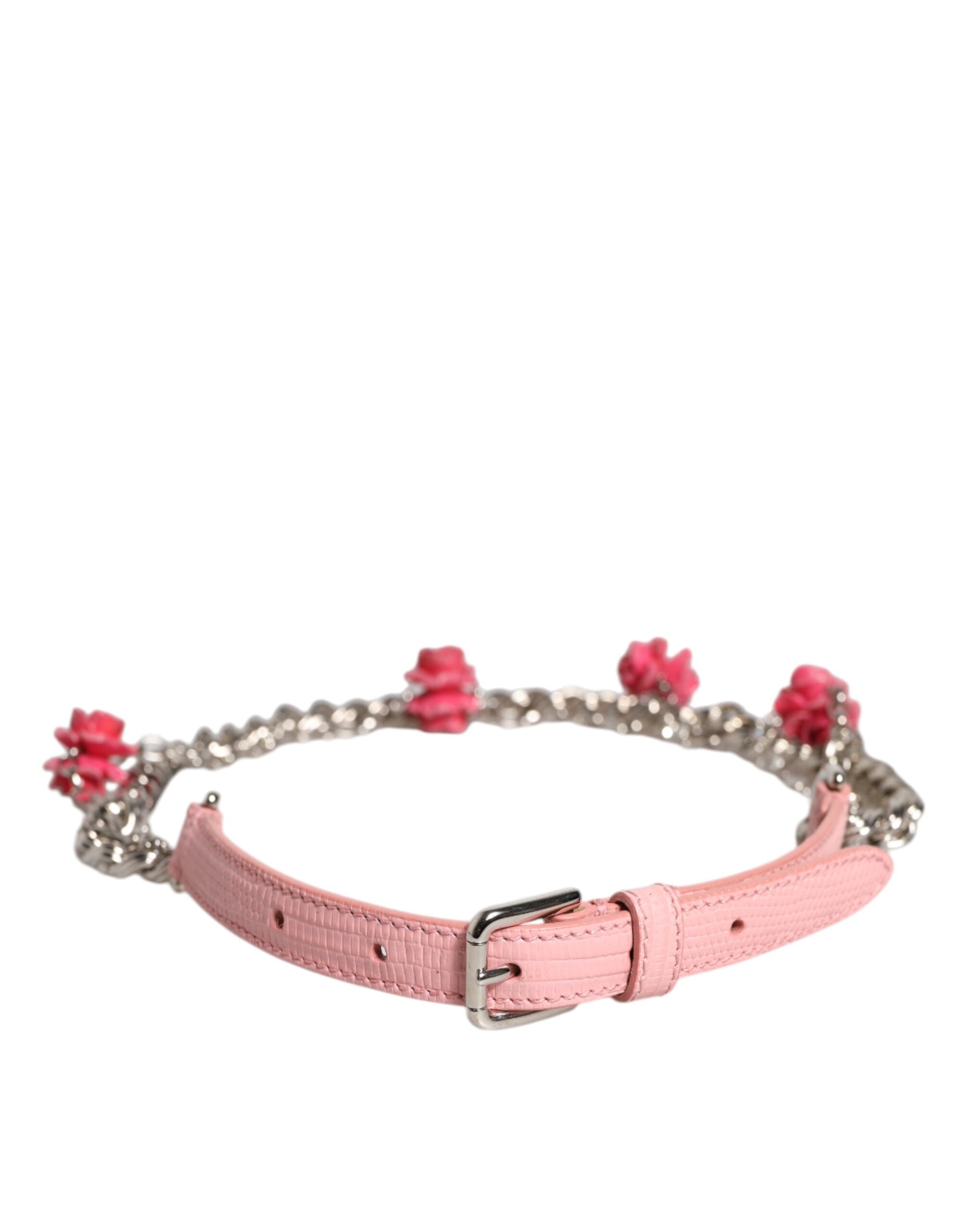 Dolce & Gabbana Pink Leather Embelished Roses Textured Belt