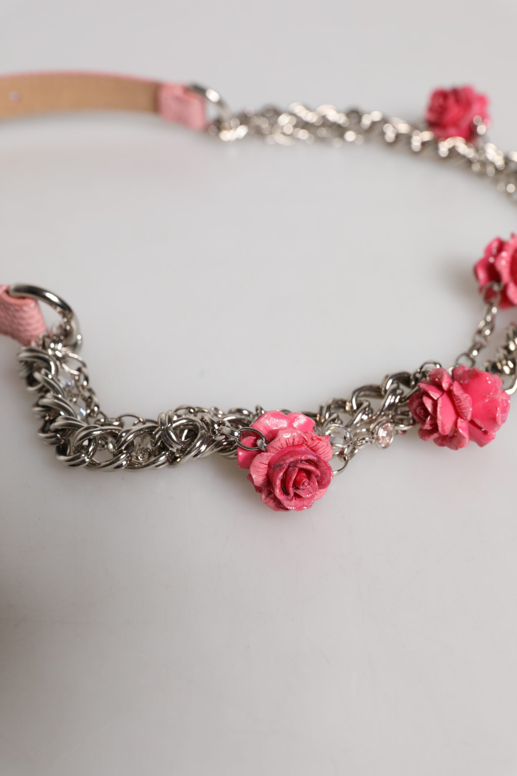 Dolce & Gabbana Pink Leather Embelished Roses Textured Belt