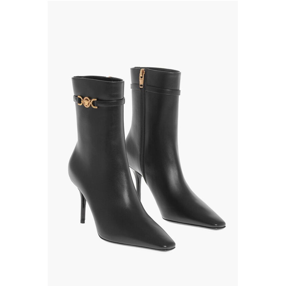 Versace Leather Boots With Logoed Strap And Stiletto Heel 9Cm