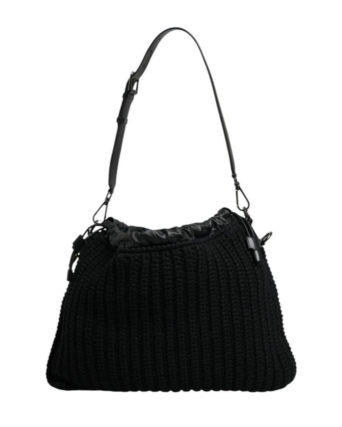 Dolce & Gabbana Black Cashmere Knitted Leather Shoulder Bag Shoulder Bags