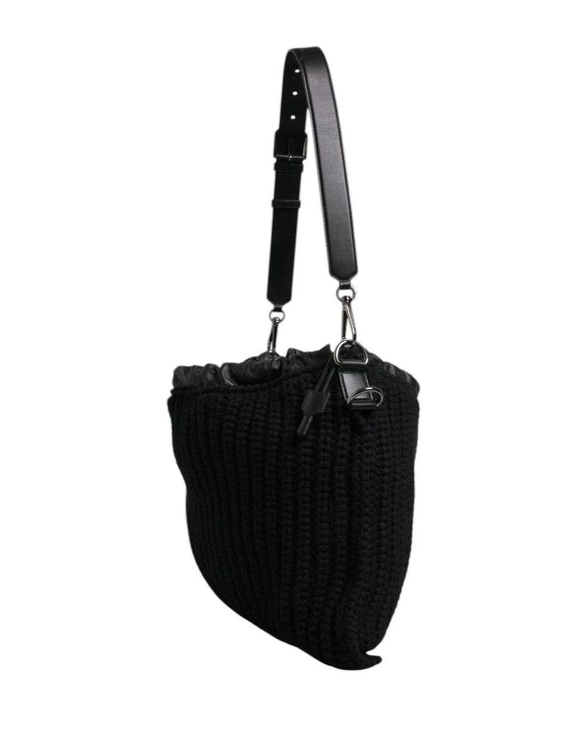 Dolce & Gabbana Black Cashmere Knitted Leather Shoulder Bag Shoulder Bags