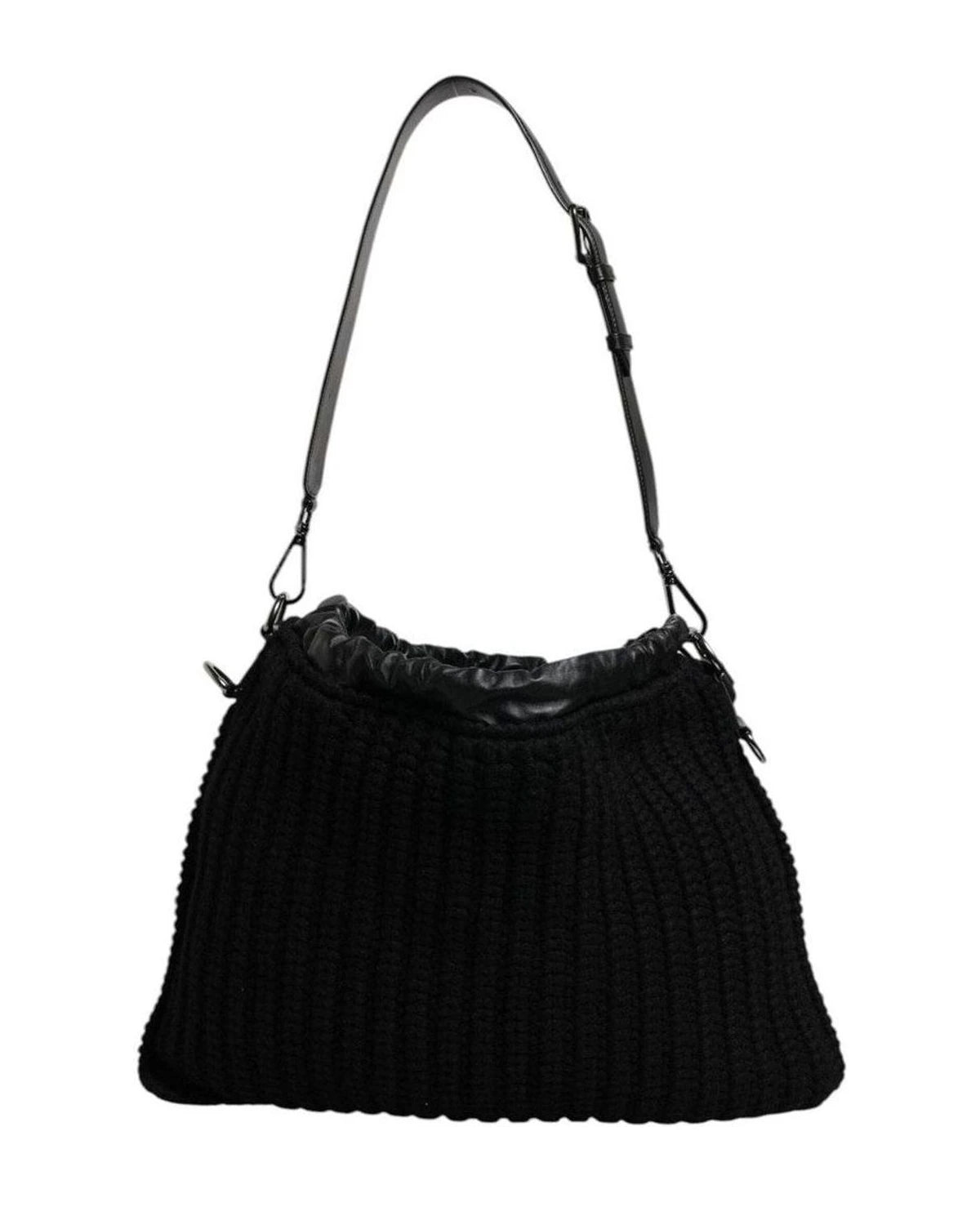 Dolce & Gabbana Black Cashmere Knitted Leather Shoulder Bag Shoulder Bags