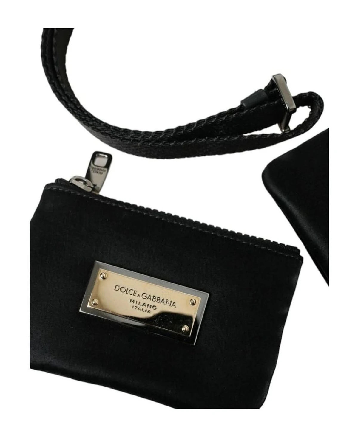 Dolce & Gabbana Black Nylon Leather Pouch With Decorative Details Clutch Bags