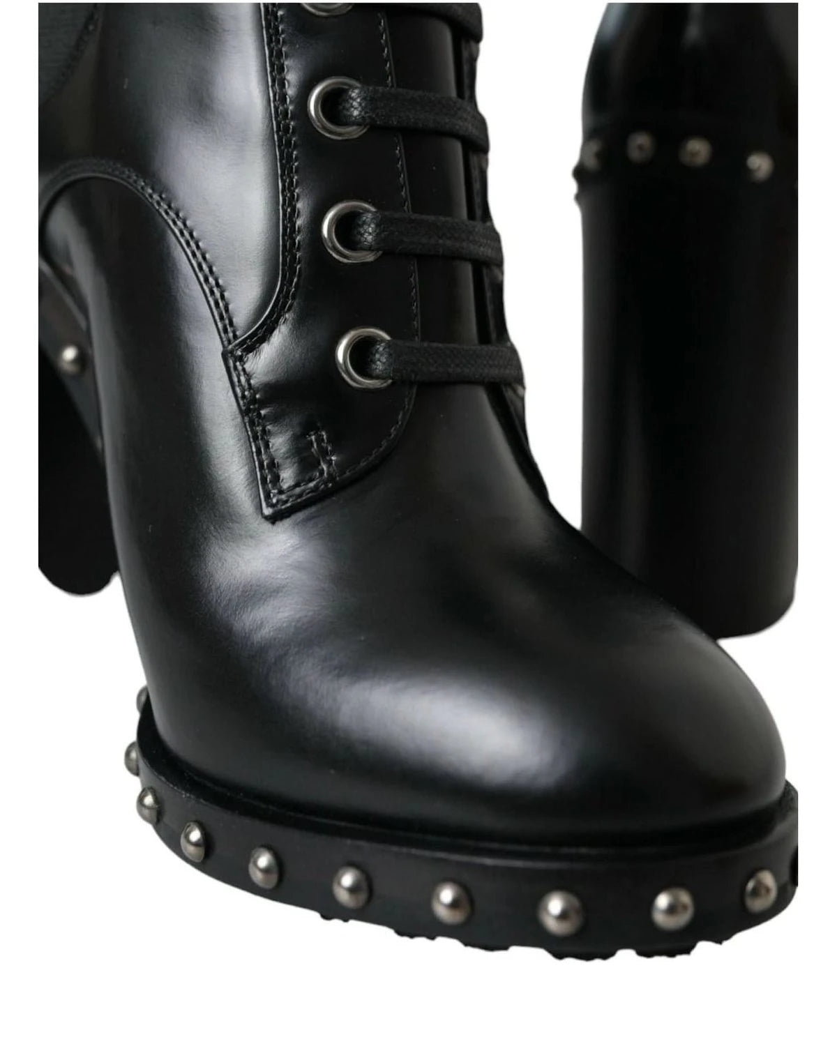 Dolce & Gabbana Black Leather Studded Lace Up Boots Shoes Boots