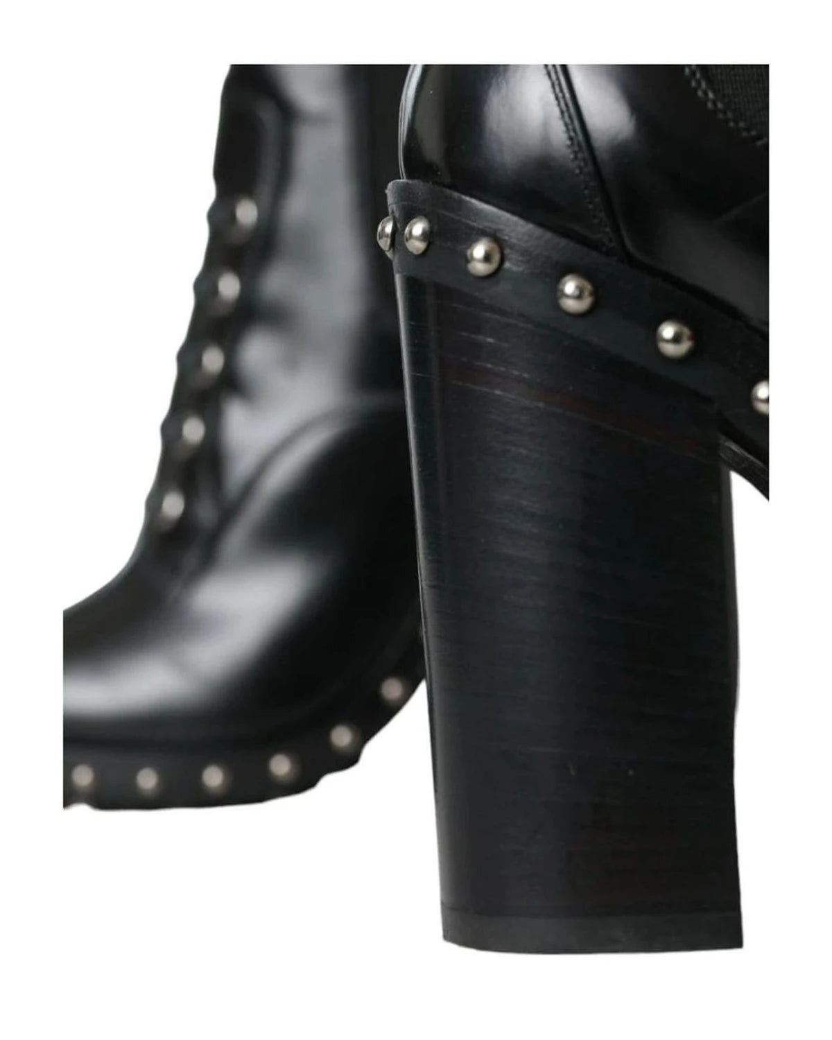 Dolce & Gabbana Black Leather Studded Lace Up Boots Shoes Boots
