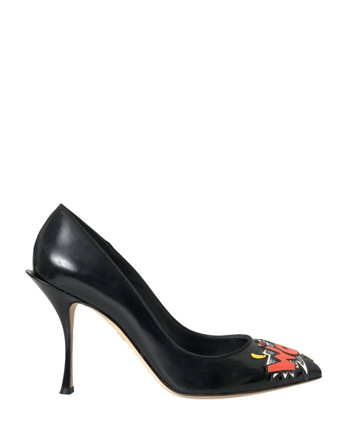 Dolce & Gabbana Black Leather Wow Patch Heels Pumps Shoes Heels