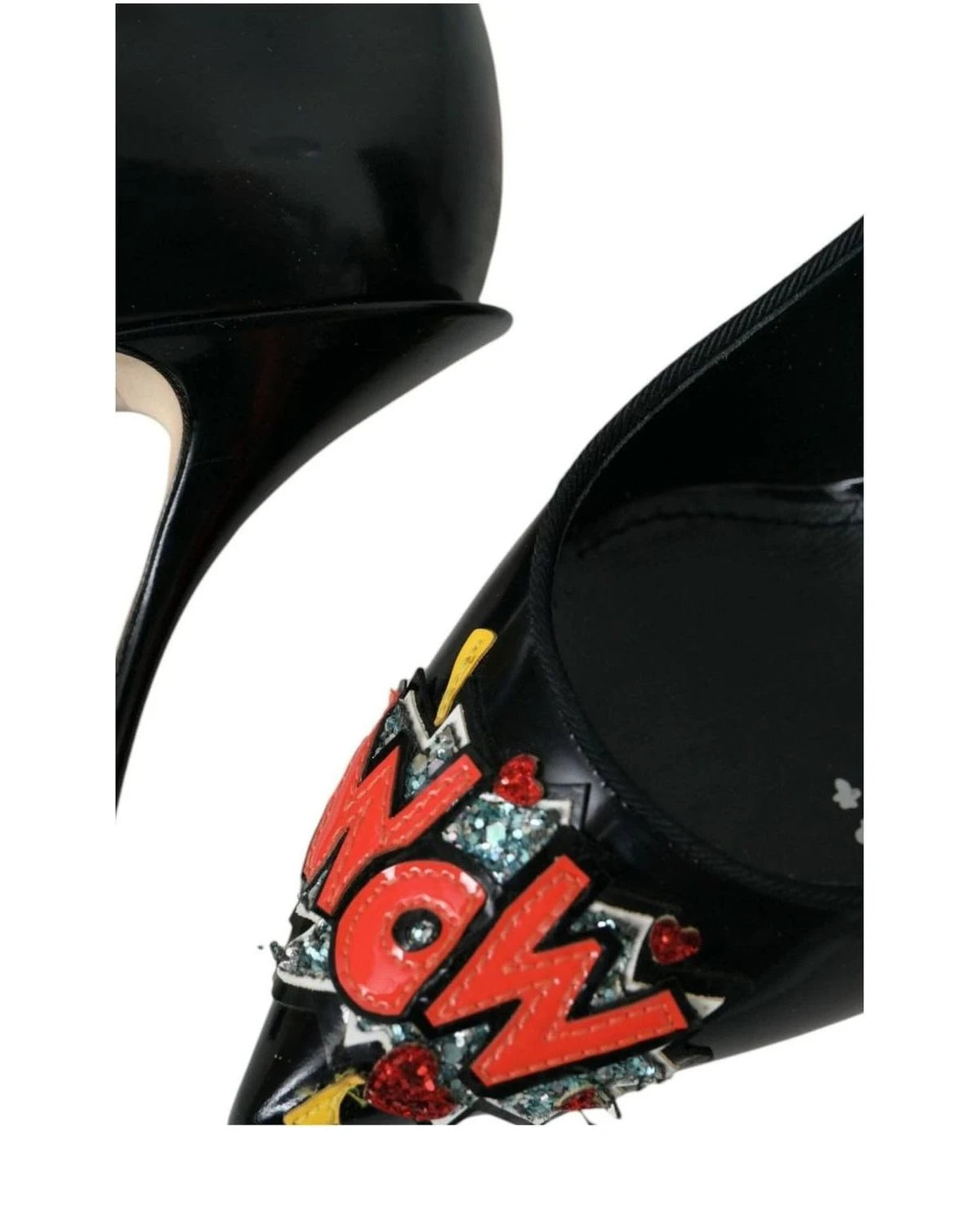 Dolce & Gabbana Black Leather Wow Patch Heels Pumps Shoes Heels
