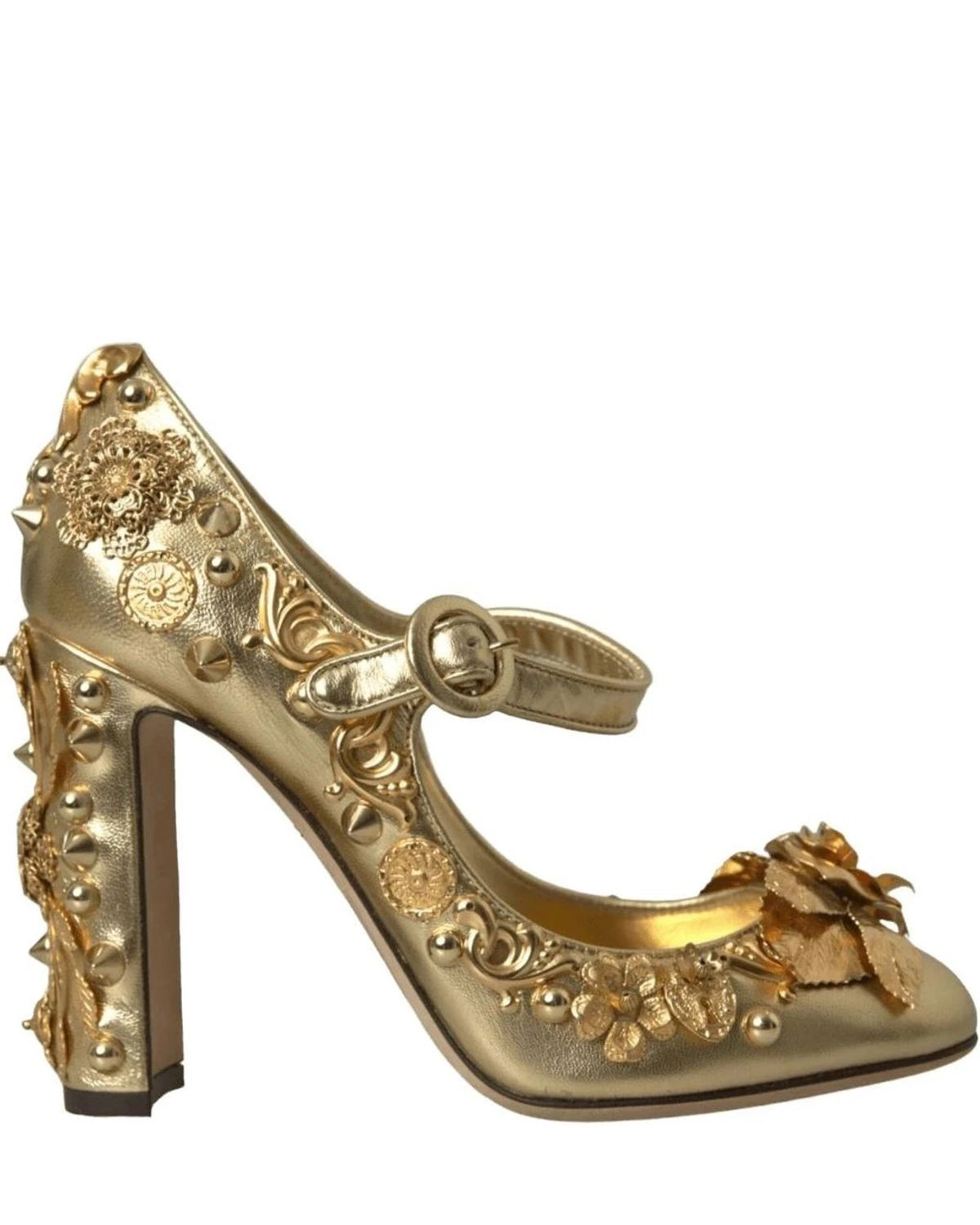 Dolce & Gabbana Gold Leather Crystal Mary Janes Pumps Shoes Heels