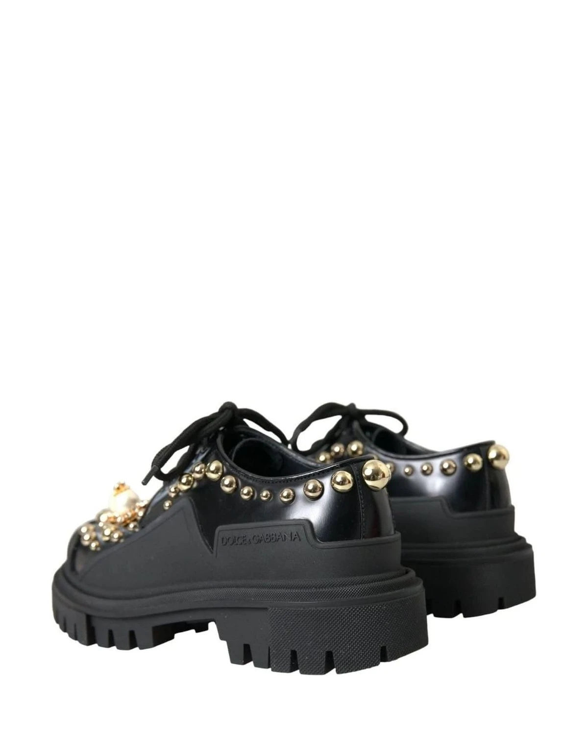Dolce & Gabbana Black Leather Trekking Derby Embellished Shoes Boots