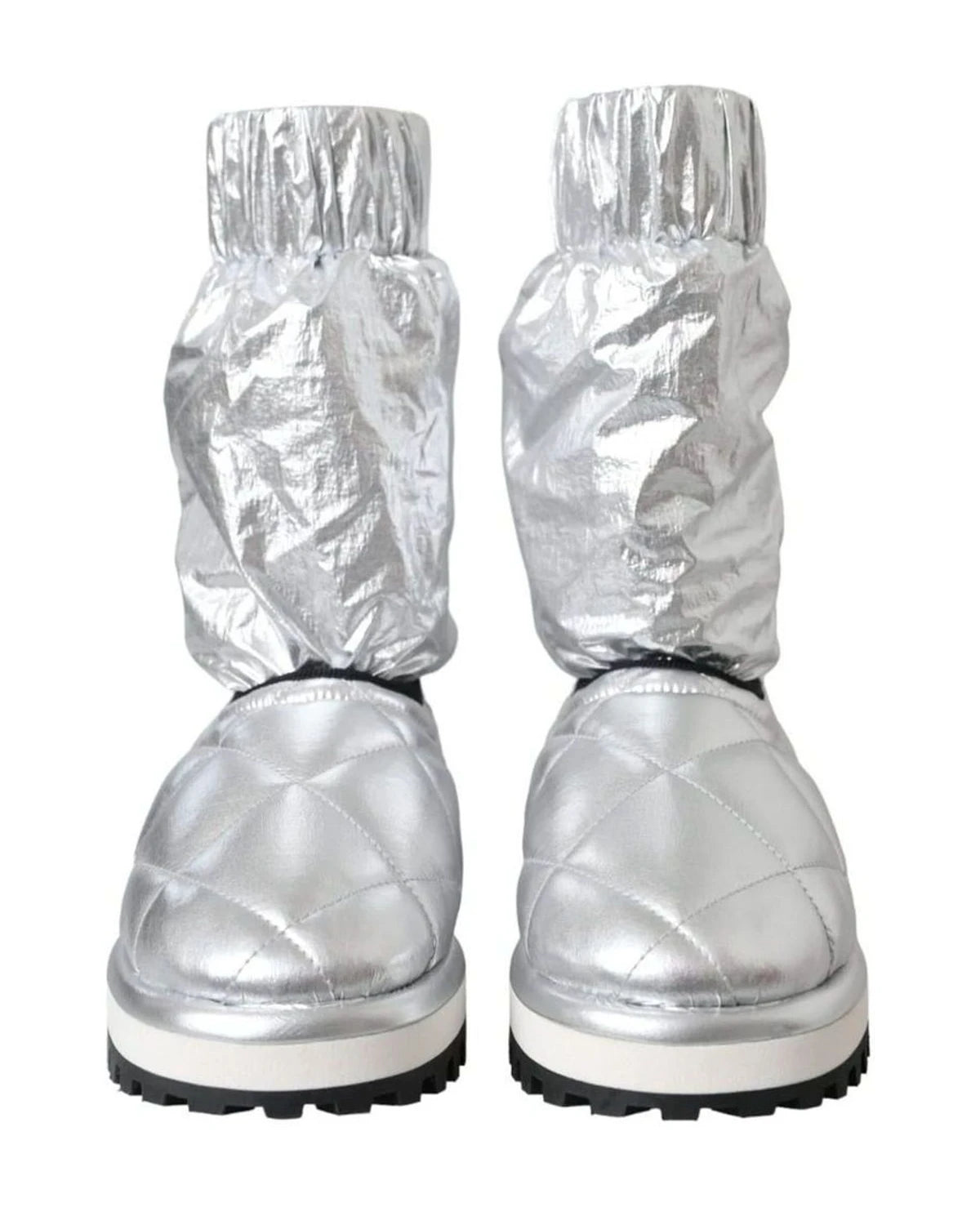 Dolce & Gabbana Silver Metallic Quilted Logo Patch Boot Shoes Boots