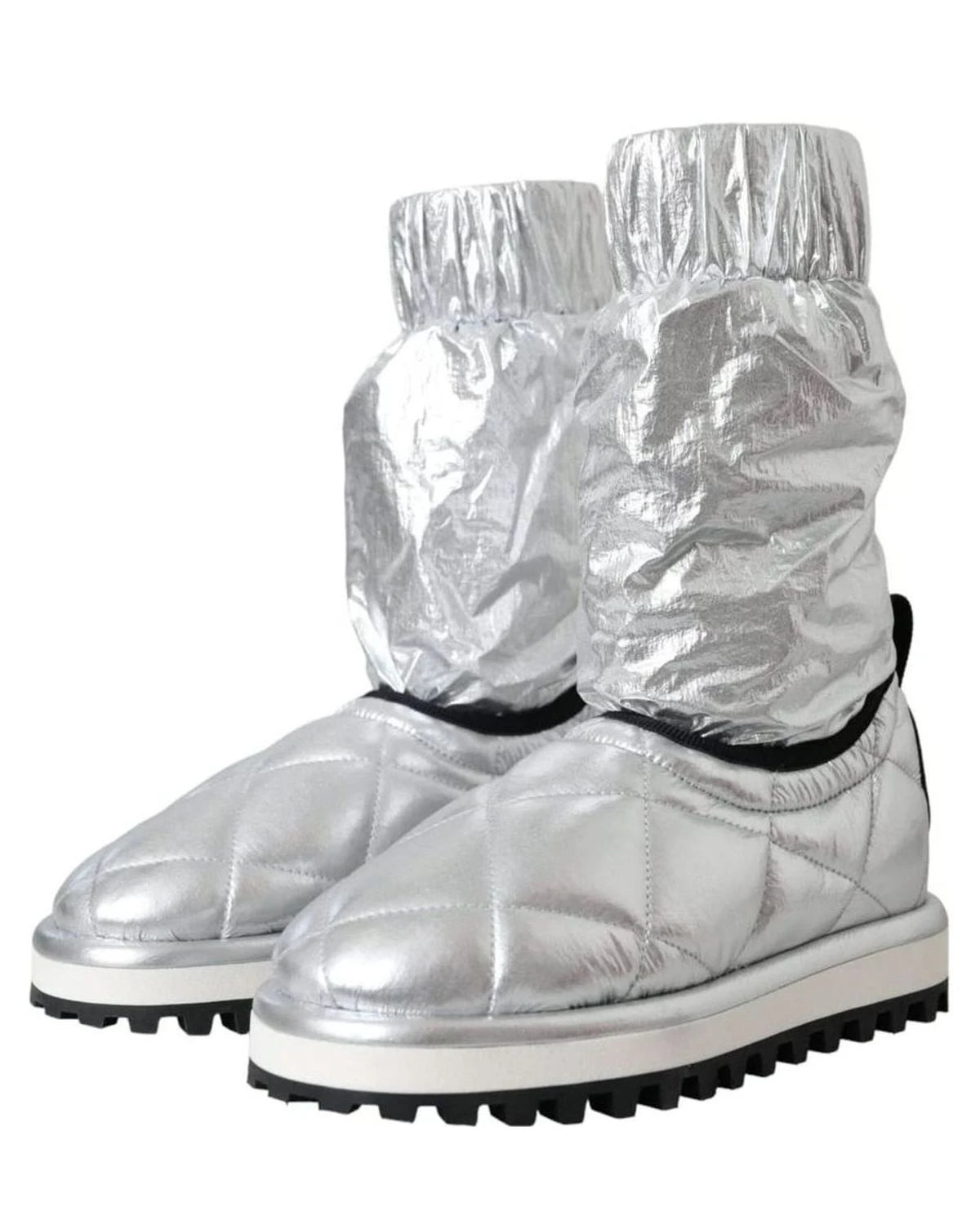 Dolce & Gabbana Silver Metallic Quilted Logo Patch Boot Shoes Boots