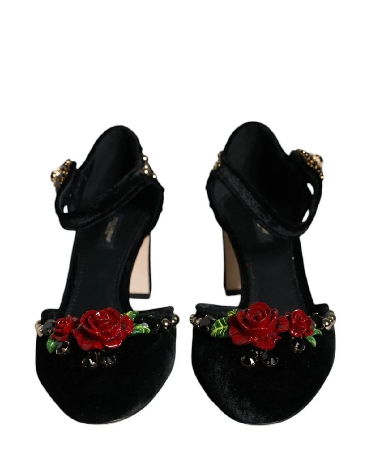 Dolce & Gabbana Black Velvet Roses Ankle Strap Pumps Shoes Heels