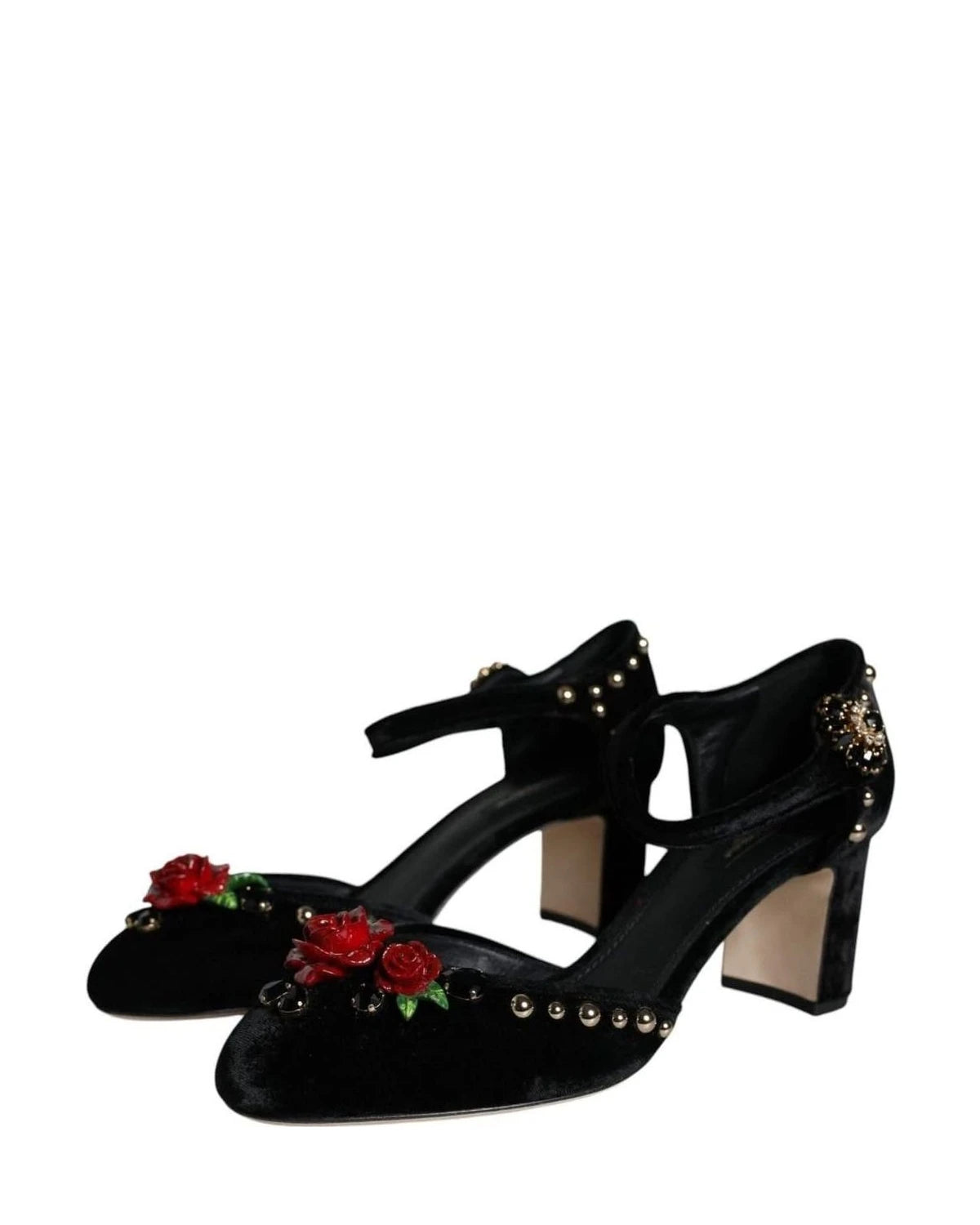 Dolce & Gabbana Black Velvet Roses Ankle Strap Pumps Shoes Heels
