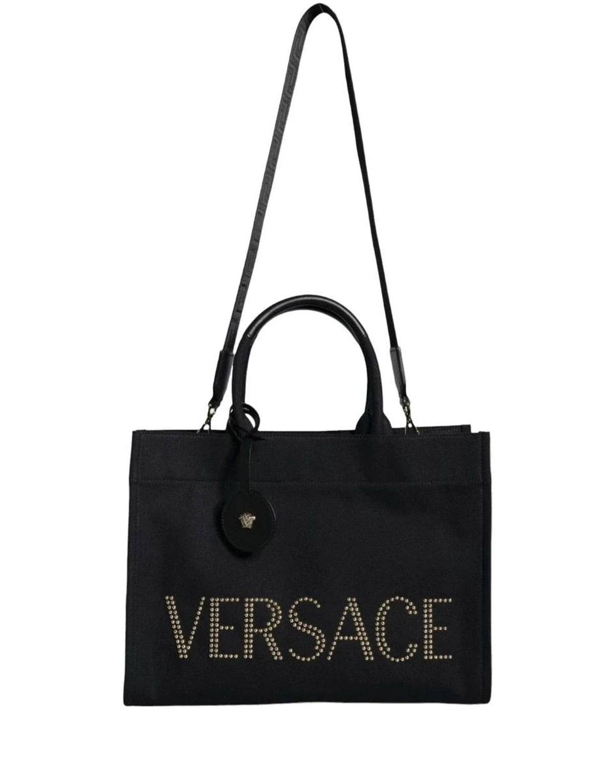 Versace Top Black Handle Canvas Leather Logo Crossbody Tote Bag Cross Body Bags