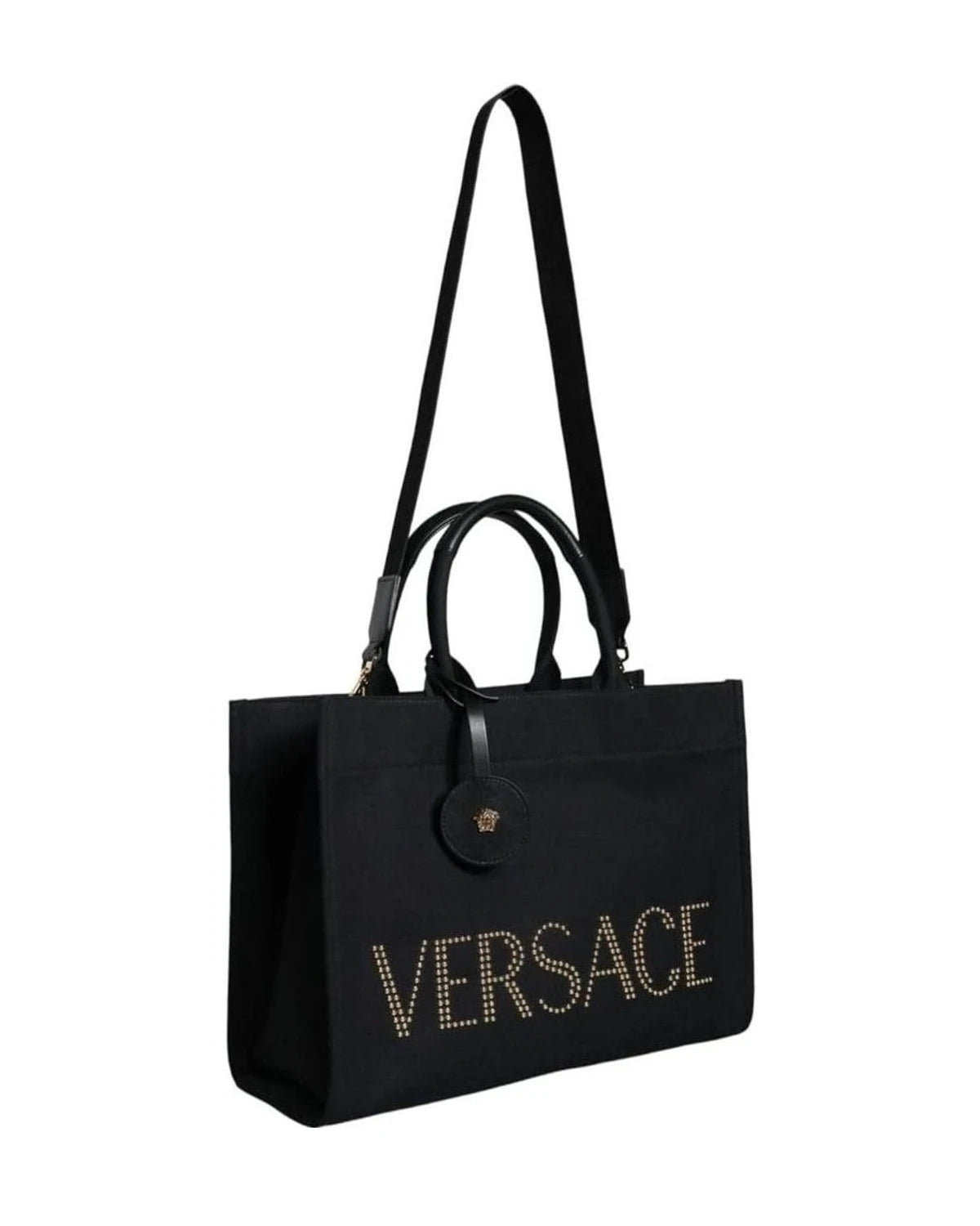 Versace Top Black Handle Canvas Leather Logo Crossbody Tote Bag Cross Body Bags