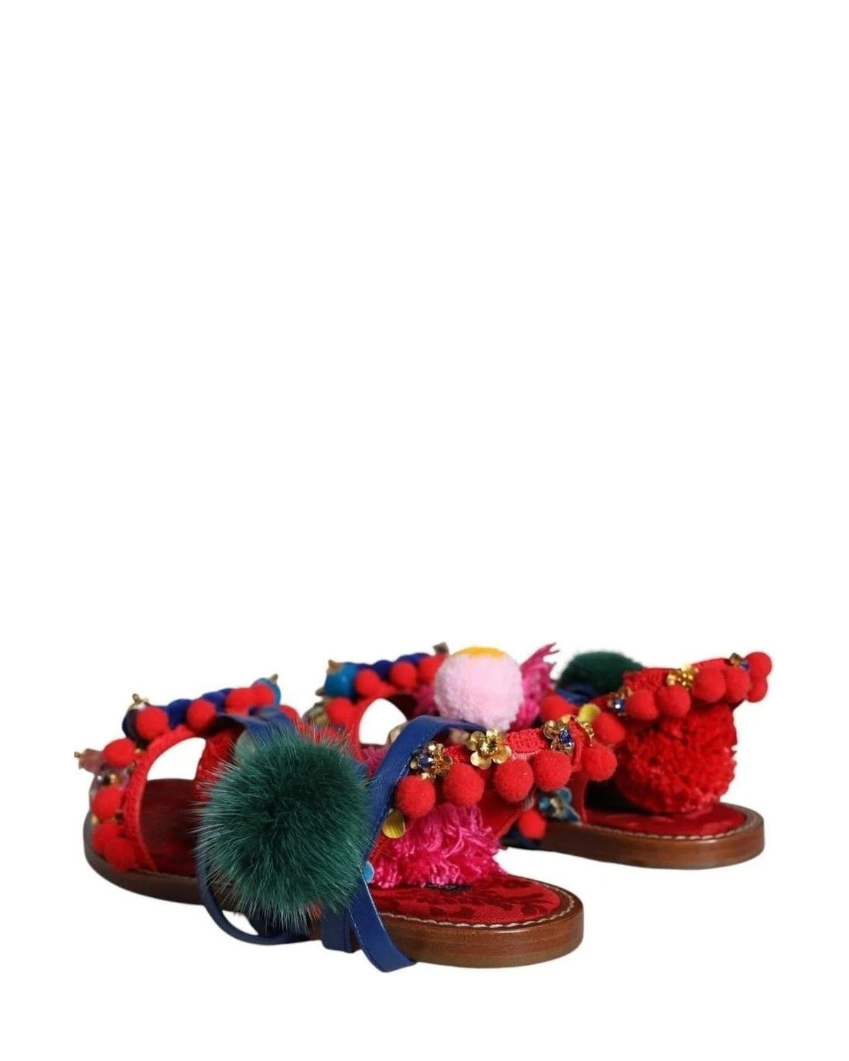 Dolce & Gabbana Multicolor Pom Pom Fur Wrap Sandals Shoes Sandals